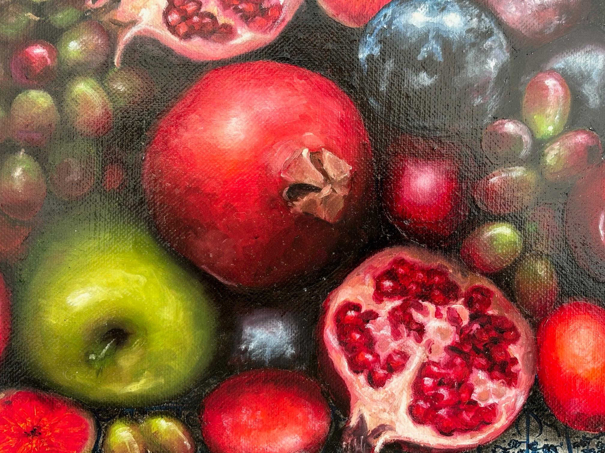 Melograni fenici - pittura realistica originale di natura morta - arte contemporanea - Interior Painting Nero di Niggy Dowler