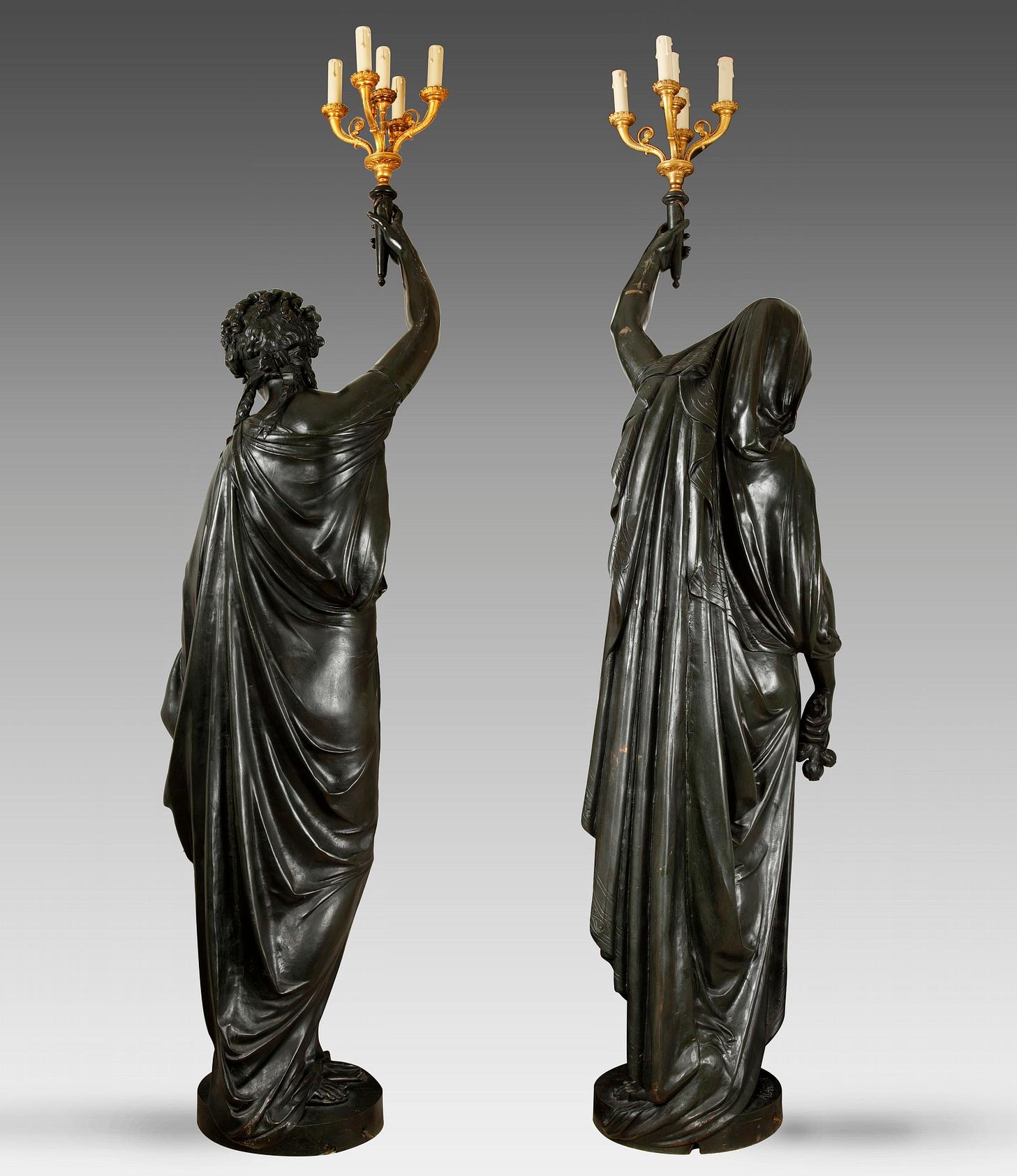 French Pair of Bronze Torchères by E.Colin after a Model by A.Carrier, France, c. 1900 For Sale