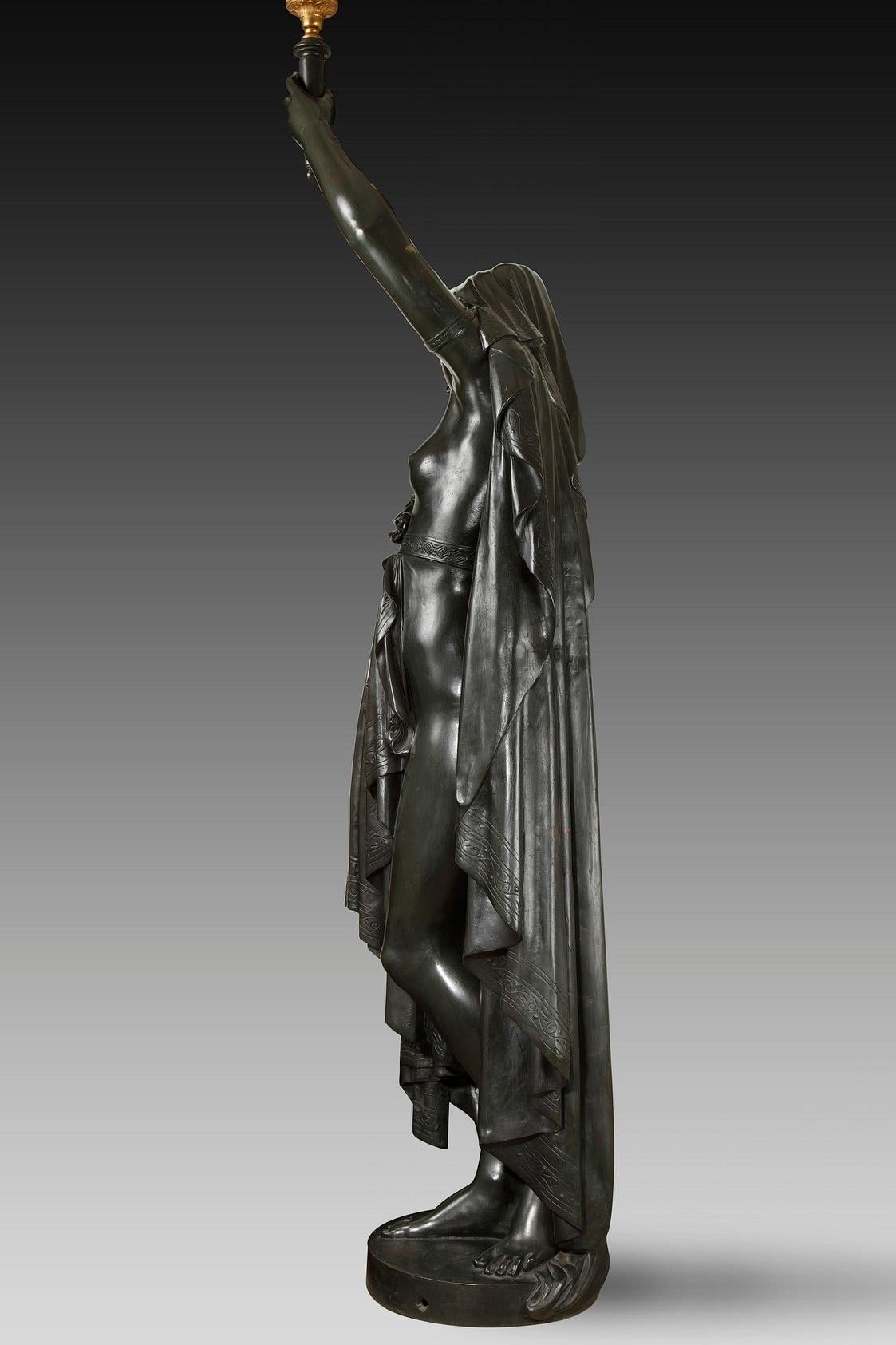 Pair of Bronze Torchères by E.Colin after a Model by A.Carrier, France, c. 1900 In Good Condition For Sale In PARIS, FR