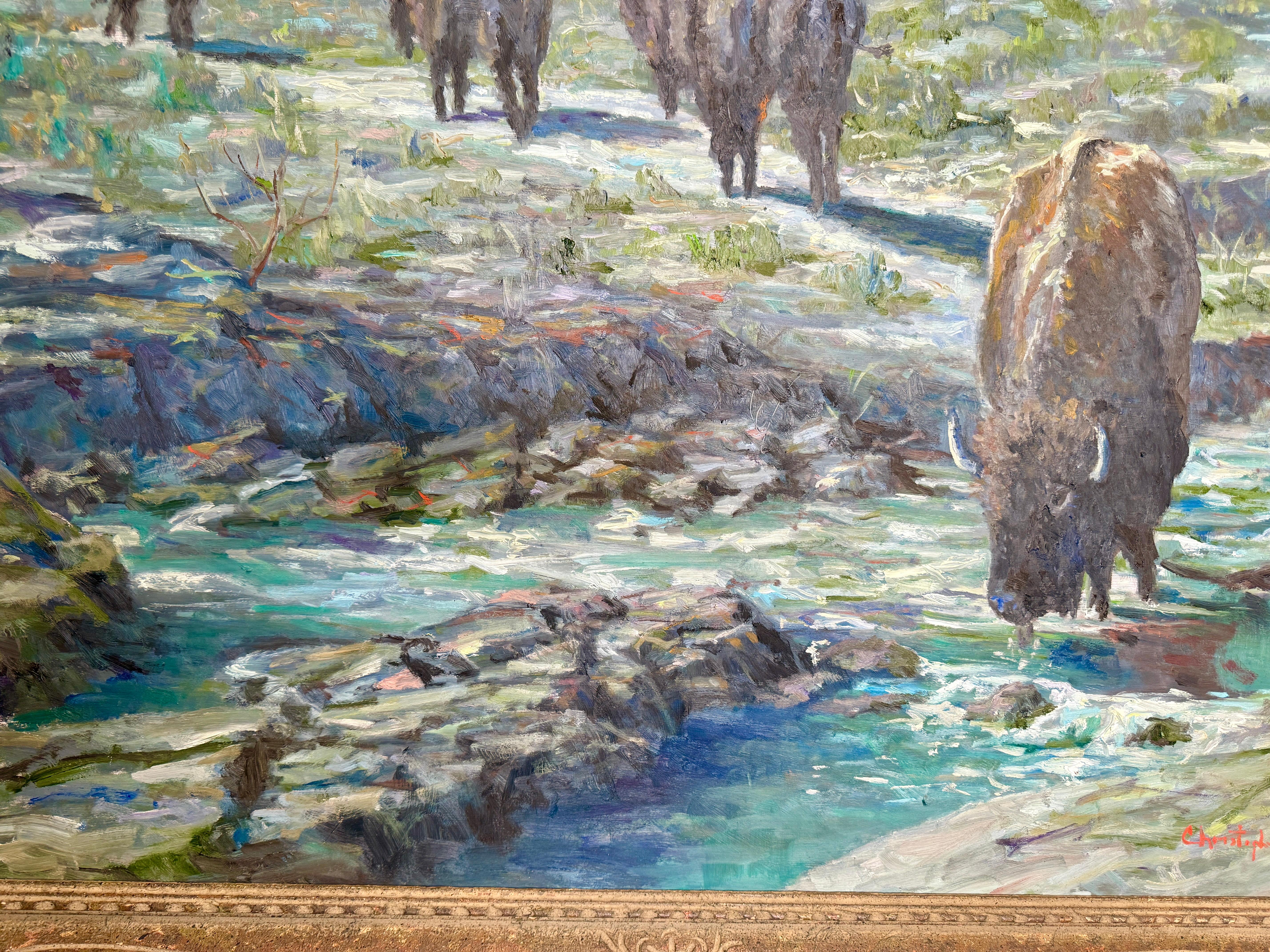 Nuit au point d'eau Bison d'Amérique du Nord Scène de boisson Peinture de Willett en vente 3