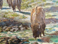 Night At The Water Hole North American Bison Drinking Scene Willett Painting