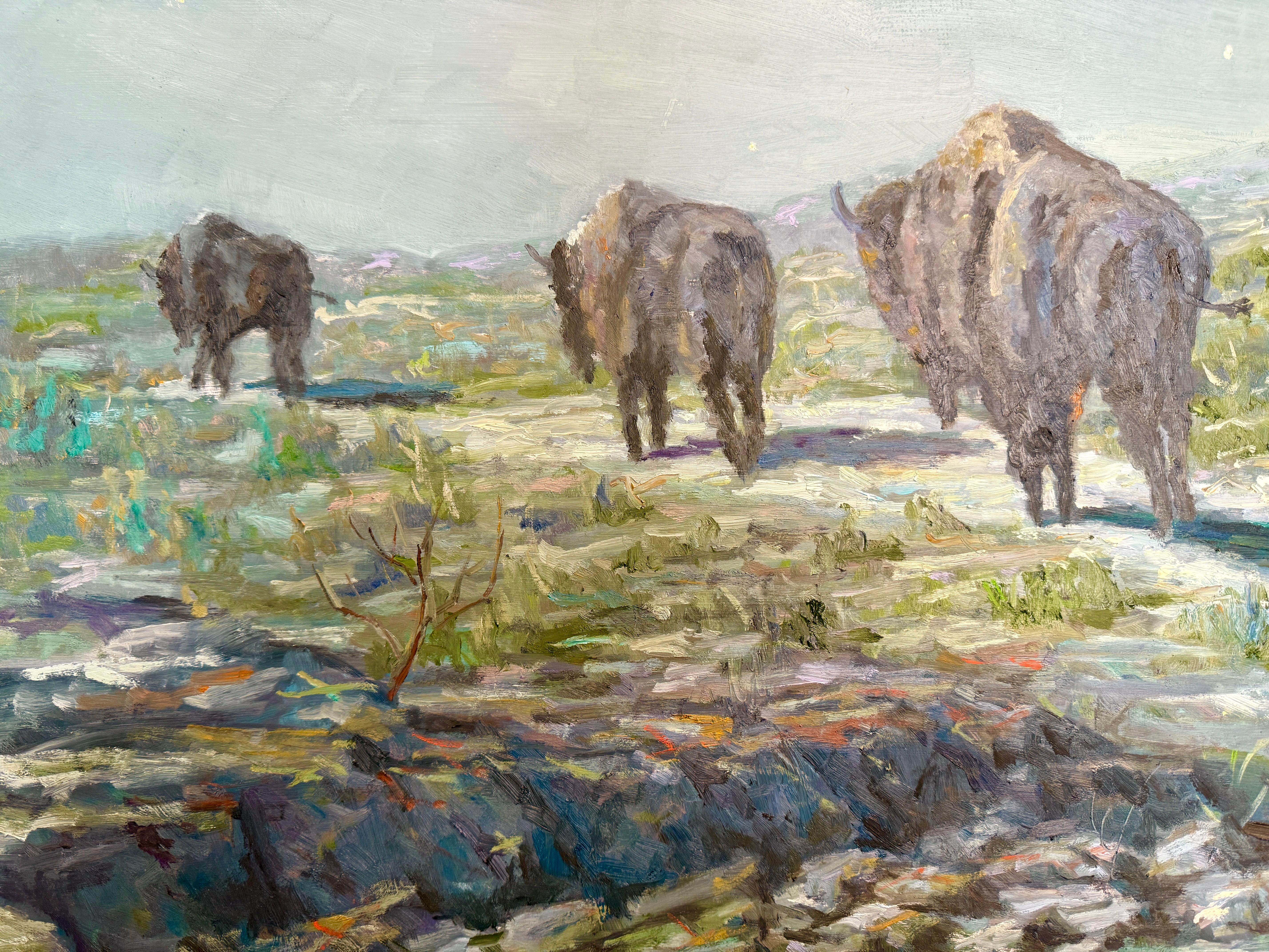 Classique américain Nuit au point d'eau Bison d'Amérique du Nord Scène de boisson Peinture de Willett en vente
