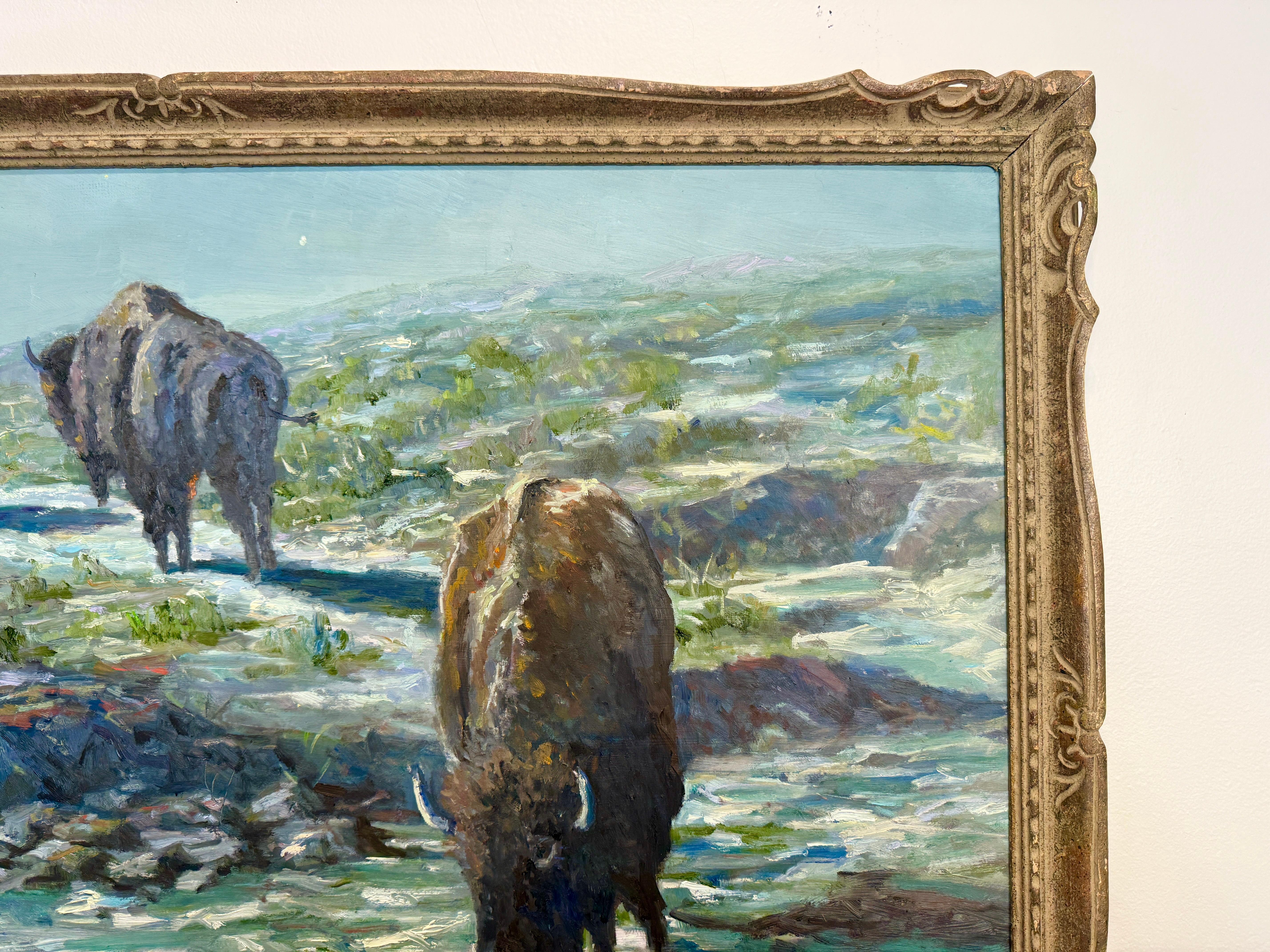 20ième siècle Nuit au point d'eau Bison d'Amérique du Nord Scène de boisson Peinture de Willett en vente