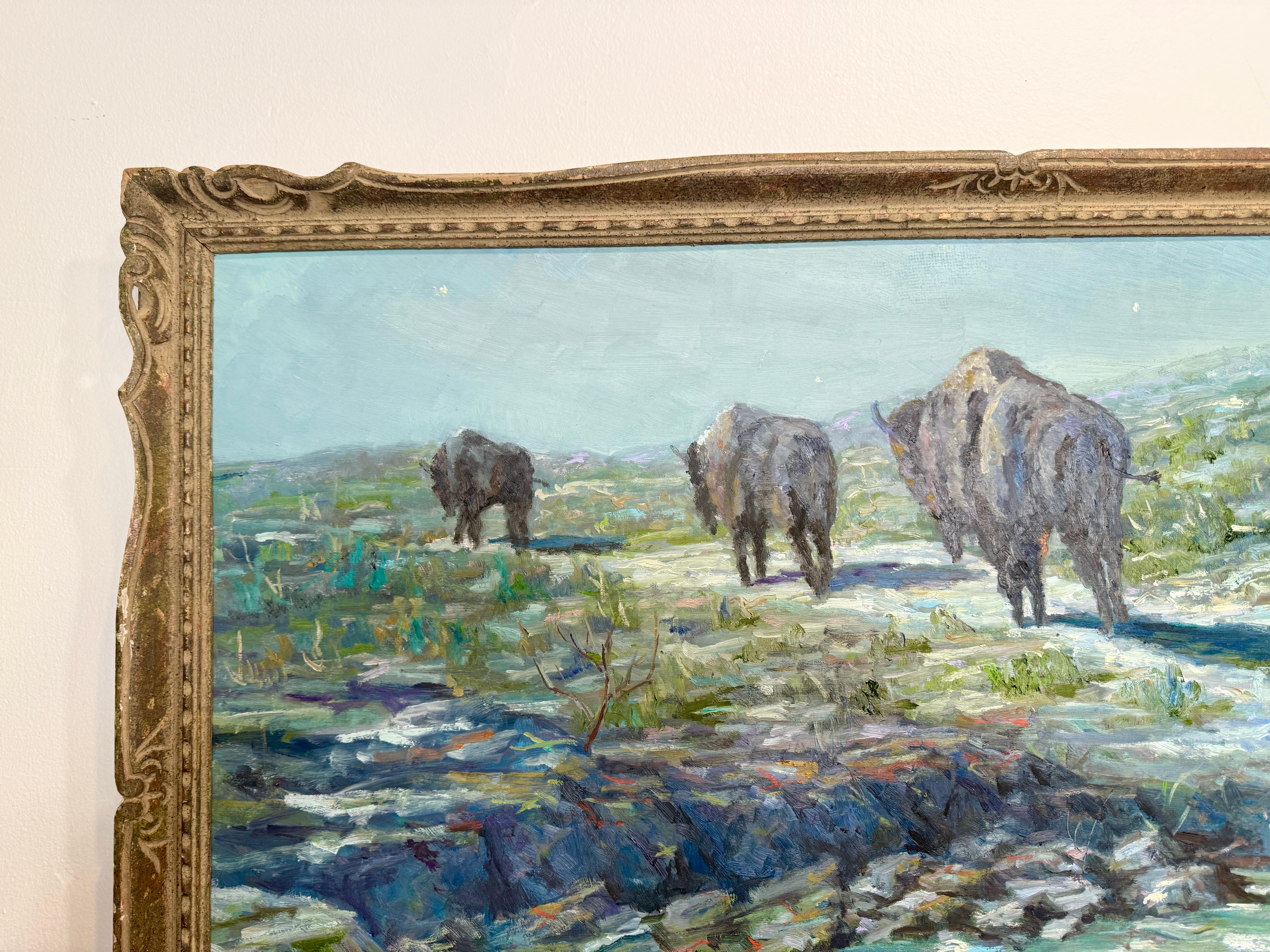 Nuit au point d'eau Bison d'Amérique du Nord Scène de boisson Peinture de Willett en vente 1