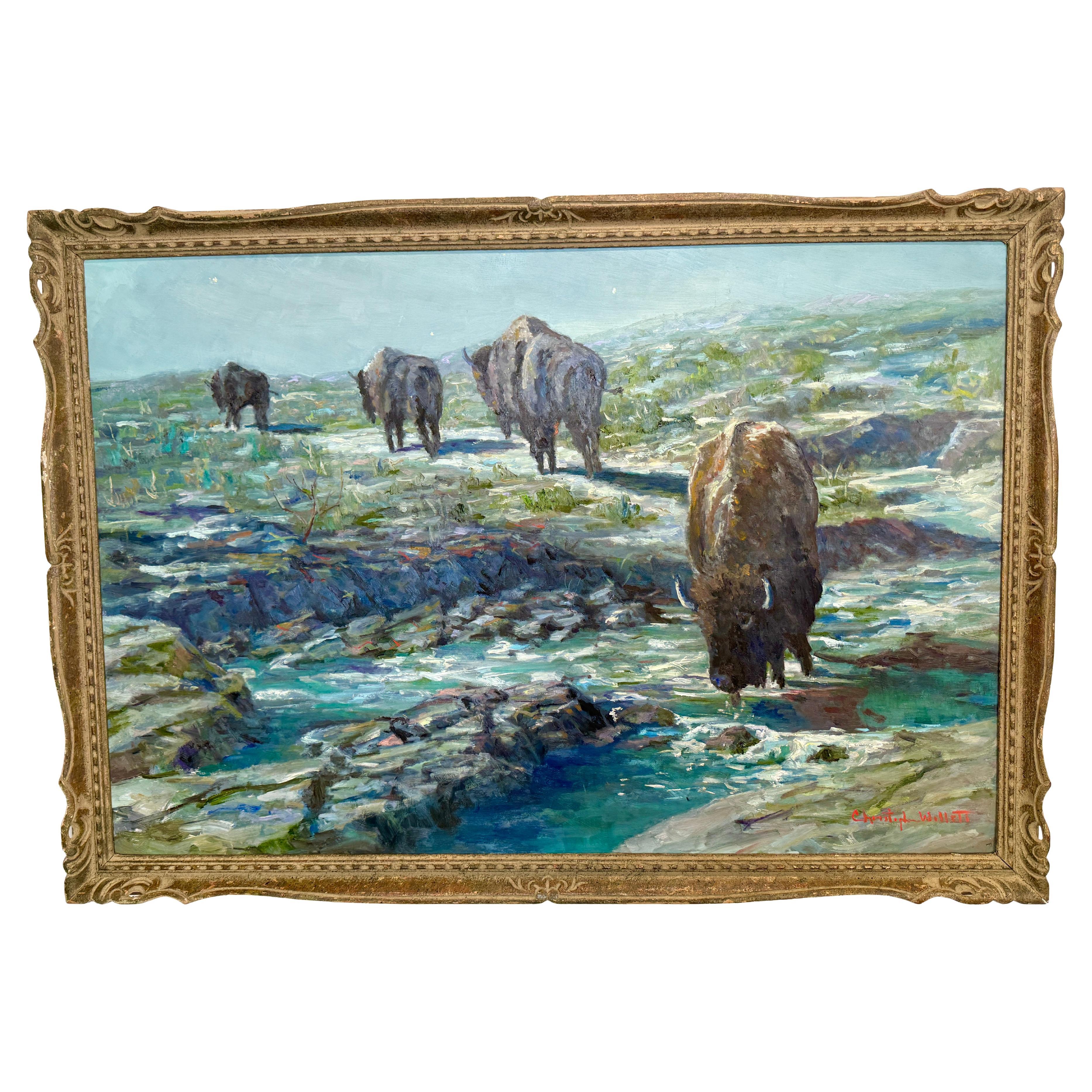 Nuit au point d'eau Bison d'Amérique du Nord Scène de boisson Peinture de Willett en vente