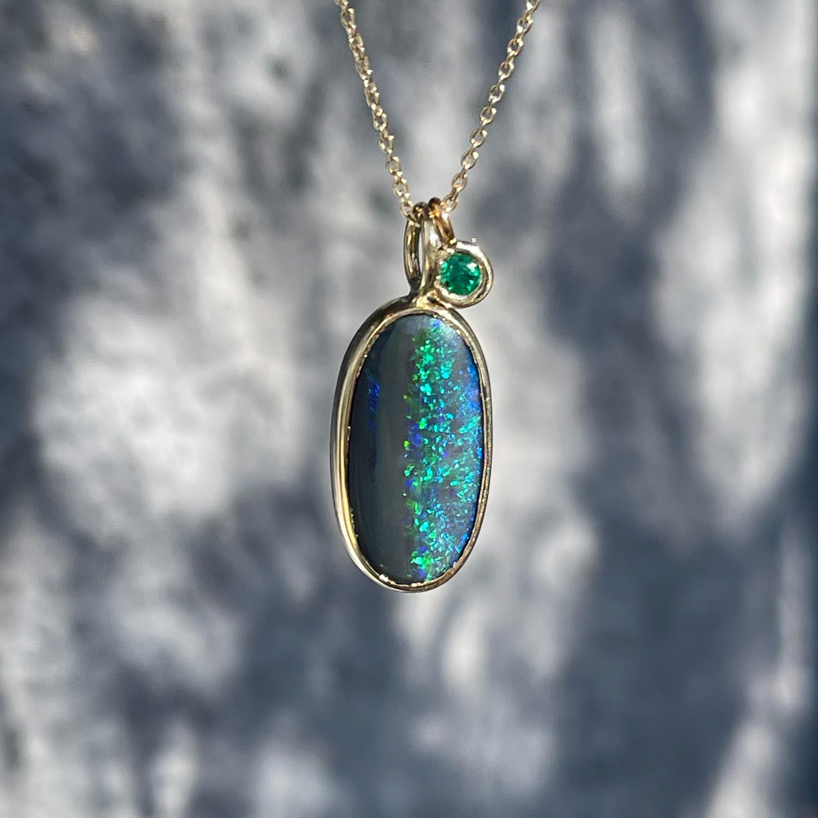 Oval Cut Night Becomes Her Emerald and Opal Necklace in 14k Gold by NIXIN Jewelry For Sale