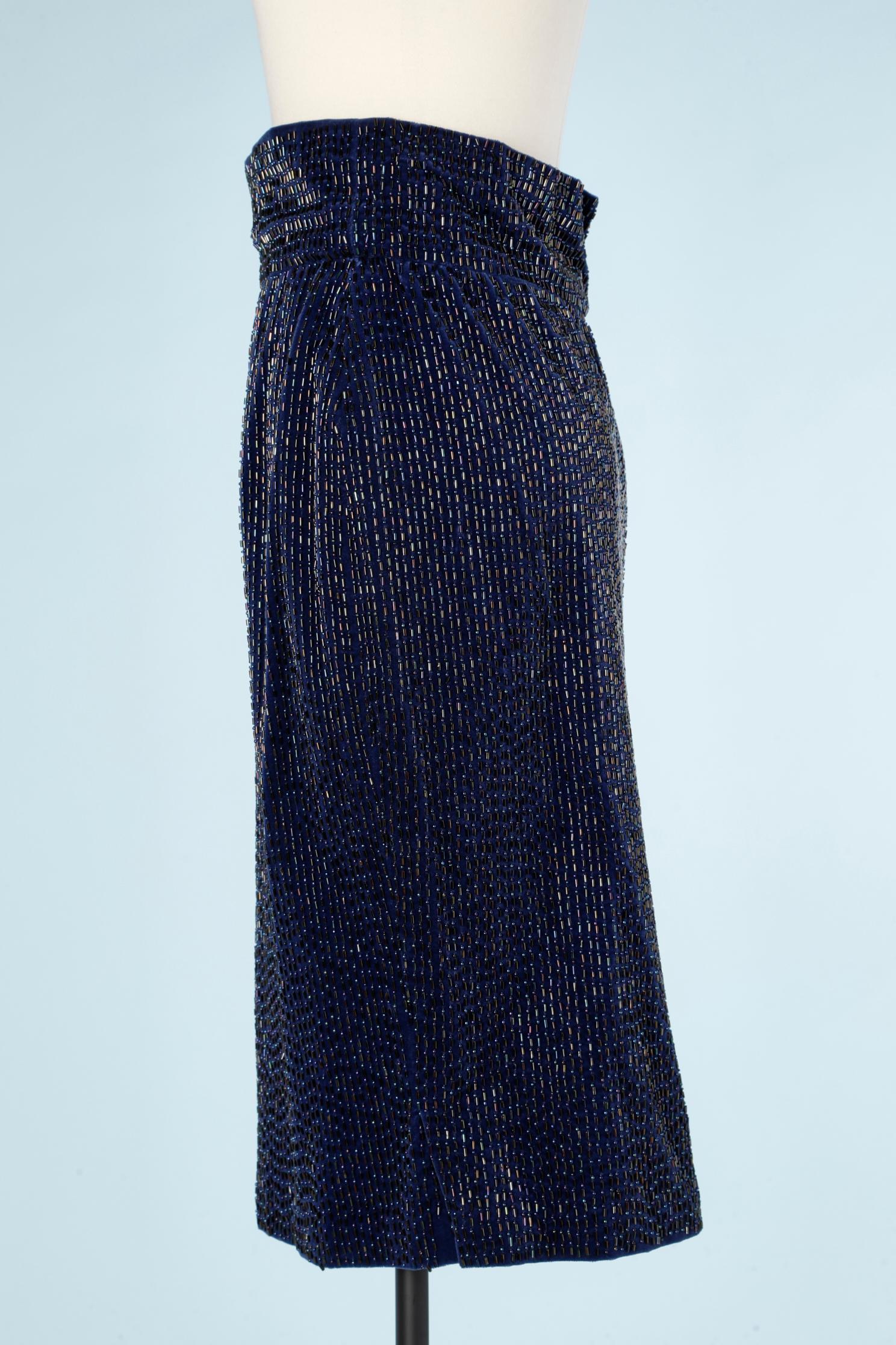 Black Night blue fully beaded pencil skirt on velvet base Gianni Versace  For Sale