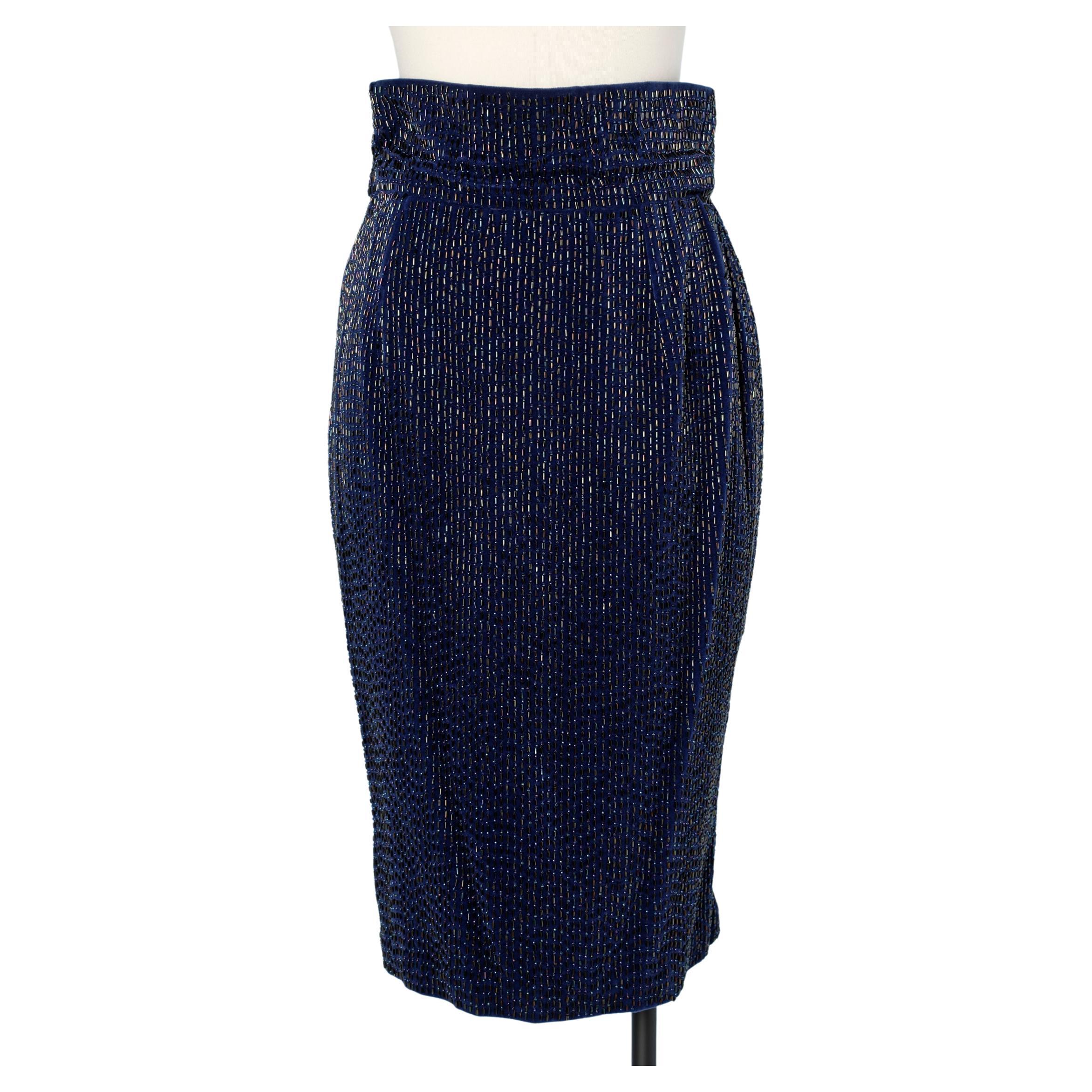 Night blue fully beaded pencil skirt on velvet base Gianni Versace  For Sale