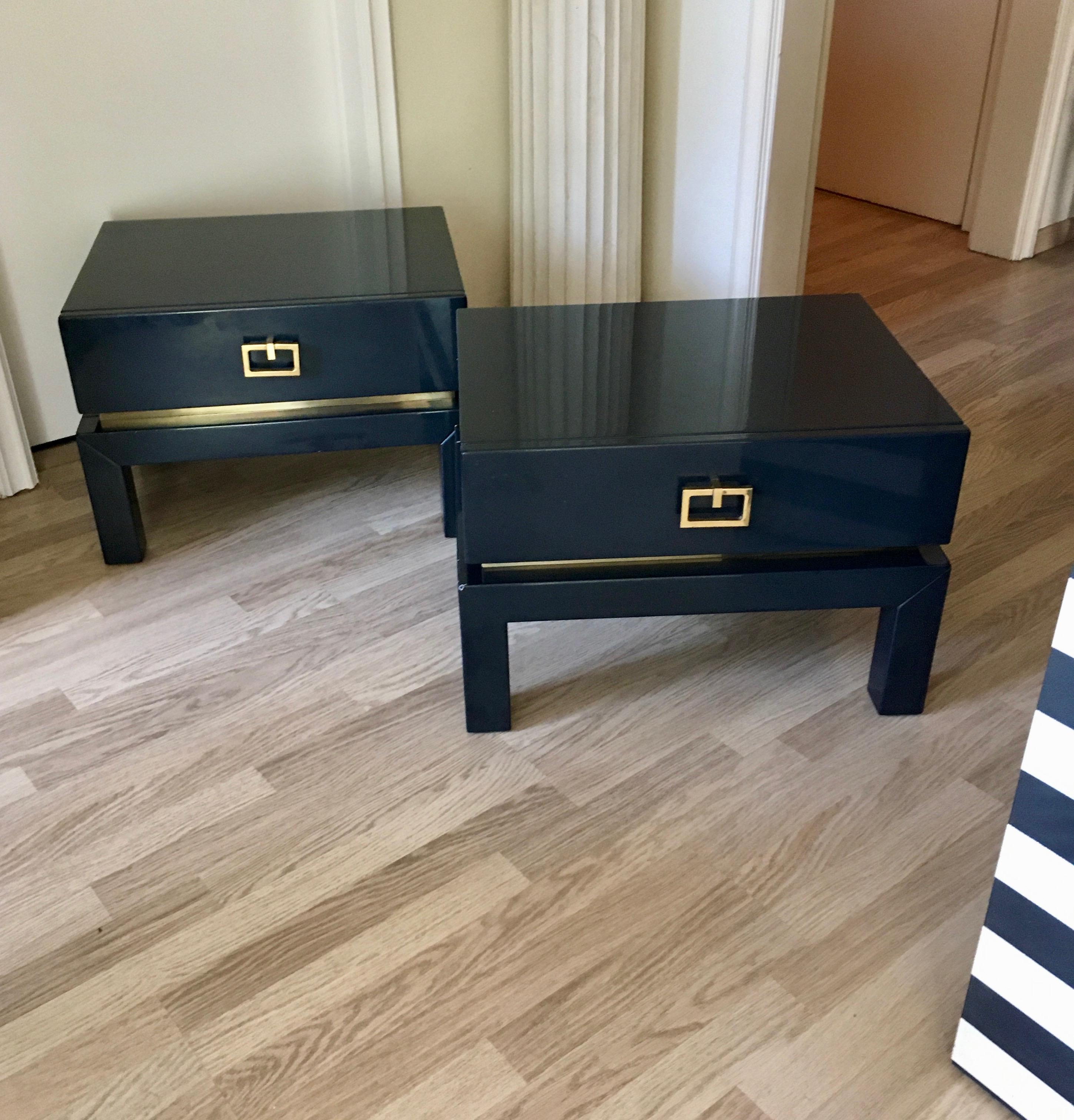 Night Blue Lacquer Side Tables with Brass Details by Maison Jansen, France 1975 In Good Condition In Brussels, BE