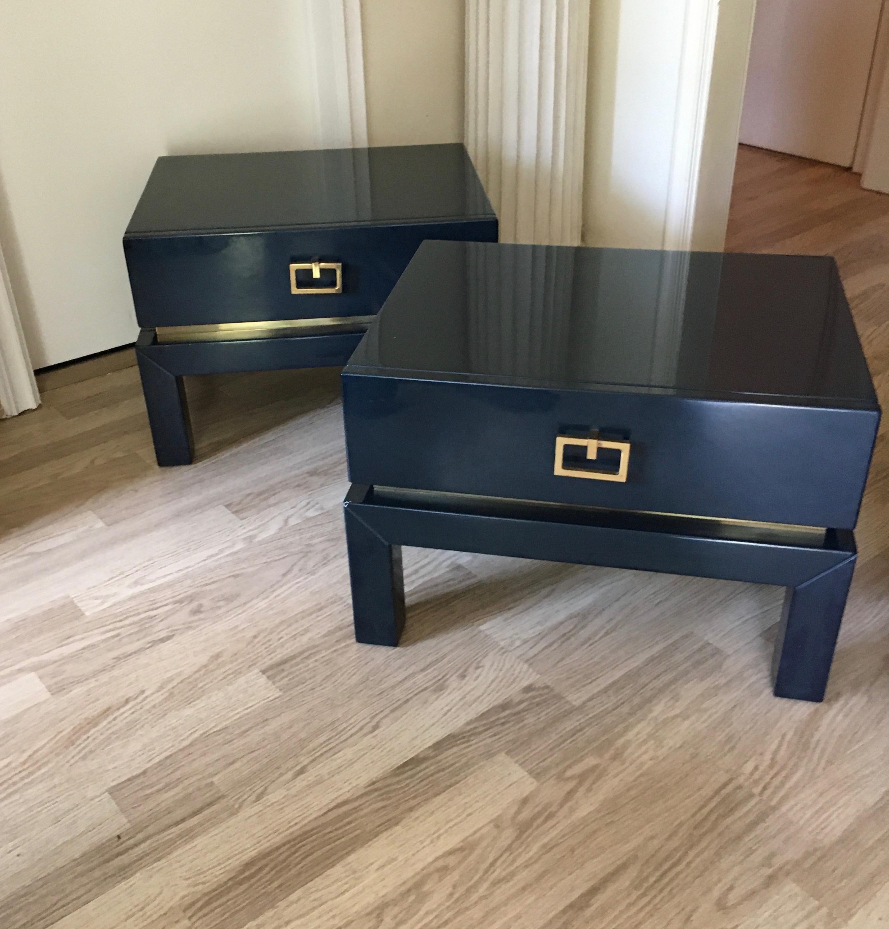 Late 20th Century Night Blue Lacquer Side Tables with Brass Details by Maison Jansen, France 1975