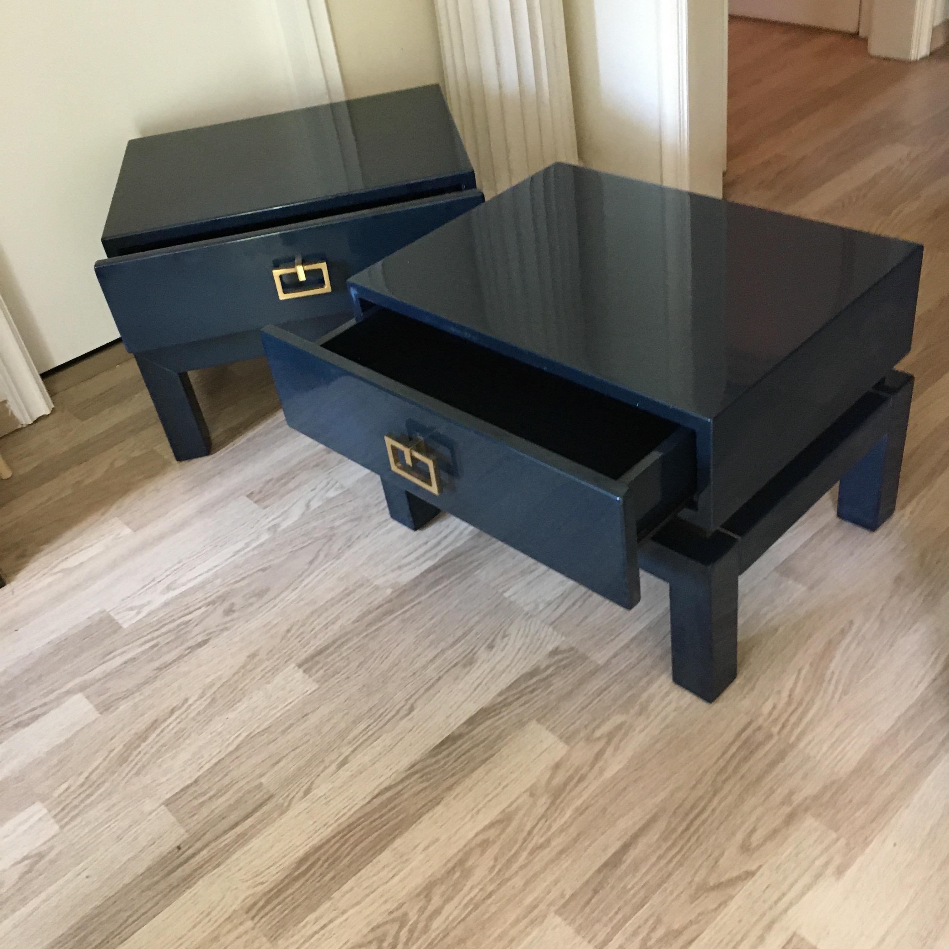 Night Blue Lacquer Side Tables with Brass Details by Maison Jansen, France 1975 1