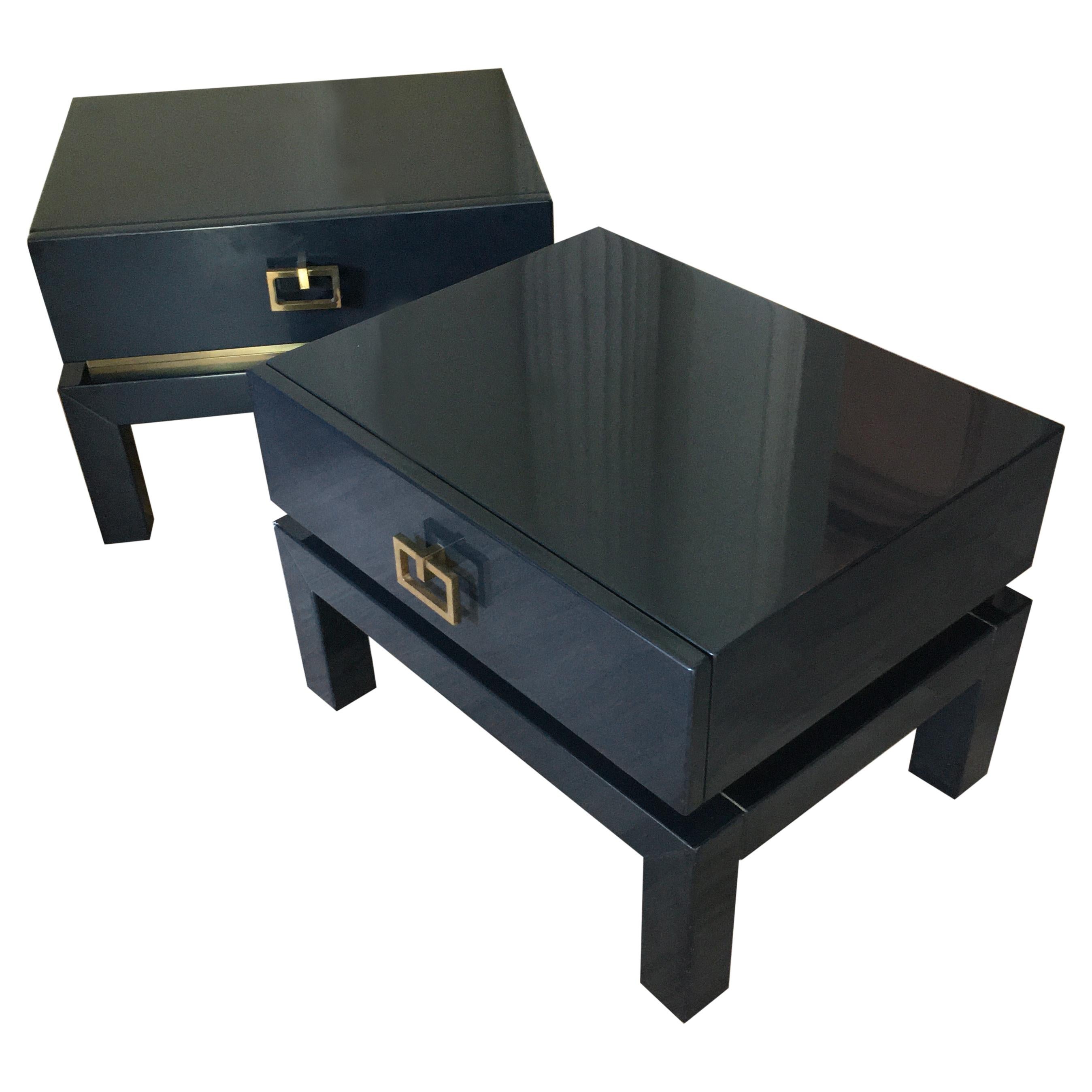 Night Blue Lacquer Side Tables with Brass Details by Maison Jansen, France 1975