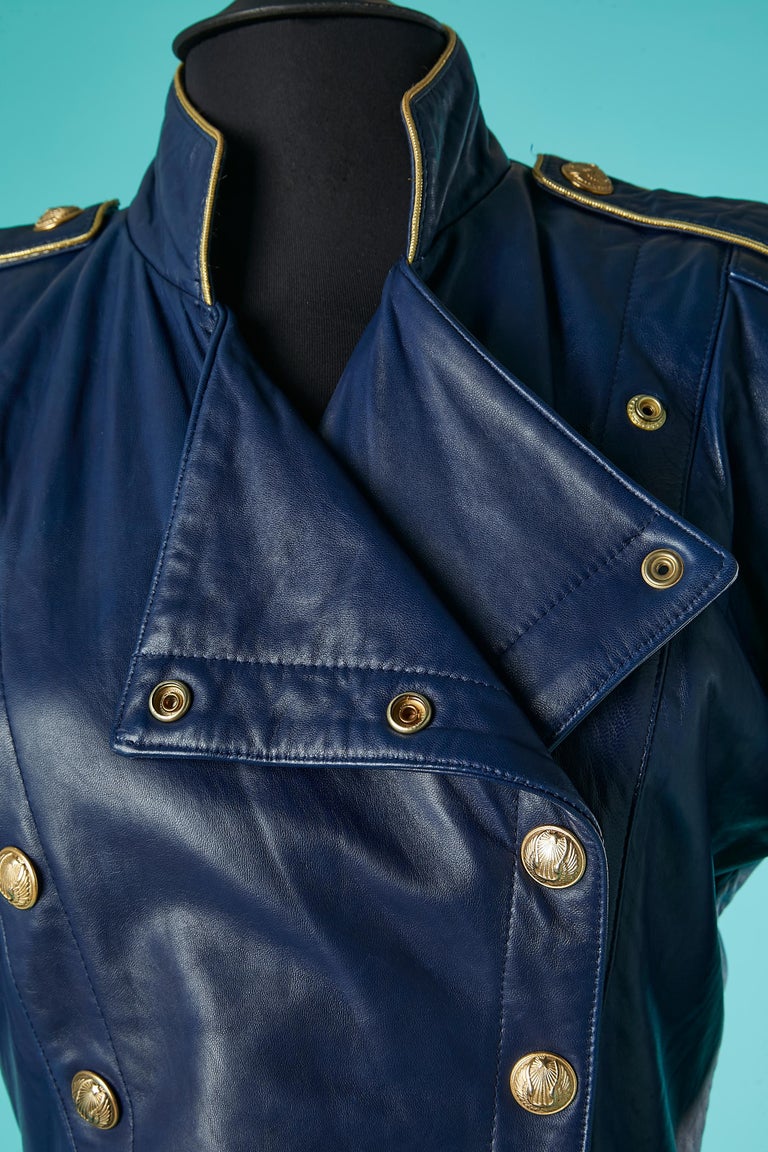 Military Michael Hoban Leather Dress Michael Hoban 1980's North Beach Leather Purple Blue Moto Dress With Military Michael Hoban Leather Dress Michael Hoban 1980's North Beach Leather Purple Blue Moto Dress With