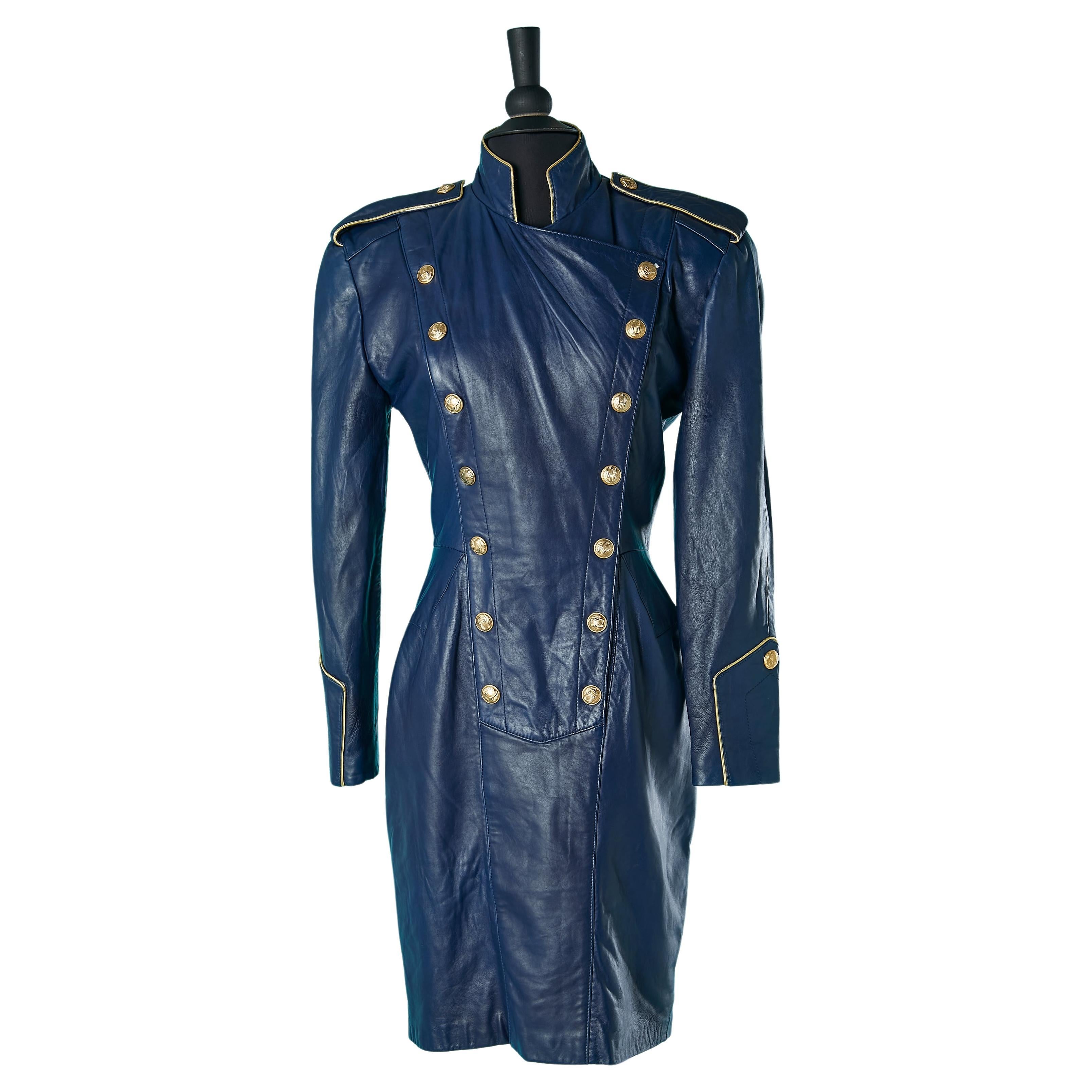 Night blue officier leather dress Michael Hoban for North Beach Leather  For Sale