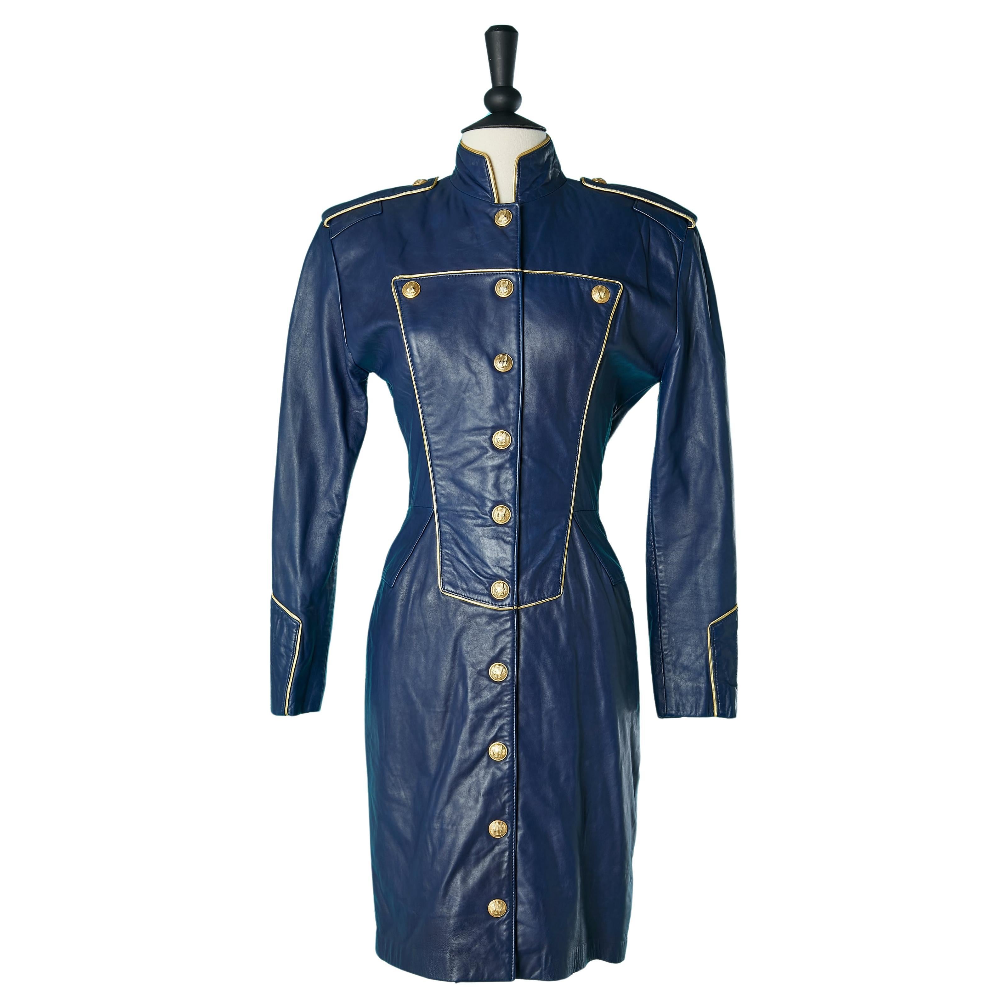 Night blue officier style leather dress Michael Hoban for North Beach Leather  For Sale