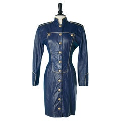 Robe en cuir bleu nuit style officier Michael Hoban pour North Beach Leather 