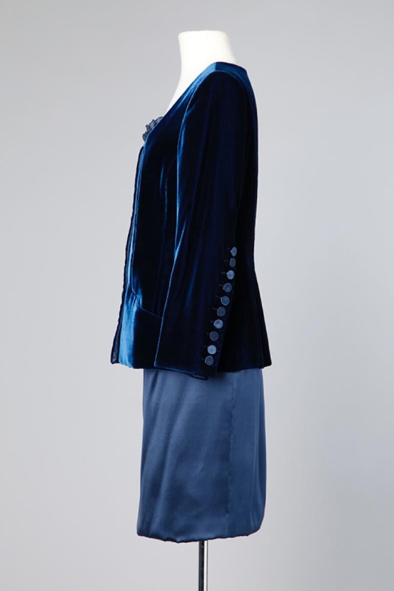 Night blue silk velvet and silk satin skirt-suit Givenchy Haute-Couture Numbered For Sale 1