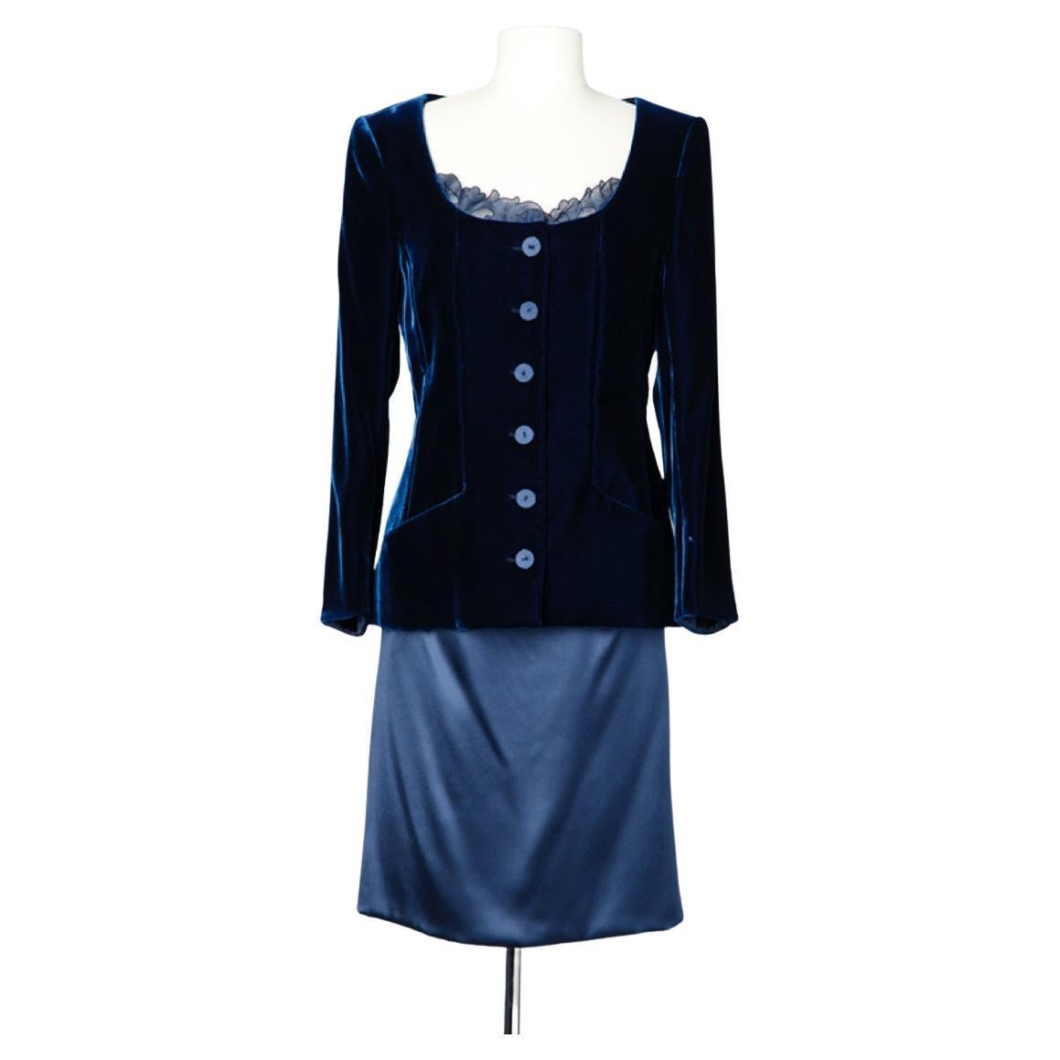 Night blue silk velvet and silk satin skirt-suit Givenchy Haute-Couture Numbered For Sale
