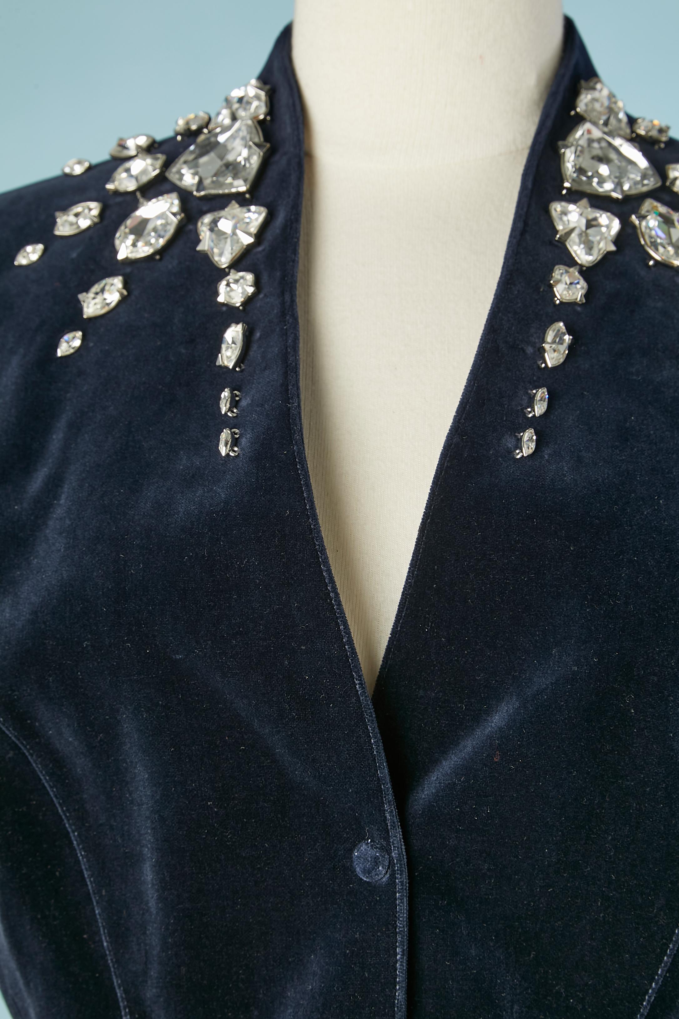 Night blue velvet skirt-suit with rhinestone embellishment Thierry Mugler  In Excellent Condition For Sale In Saint-Ouen-Sur-Seine, FR