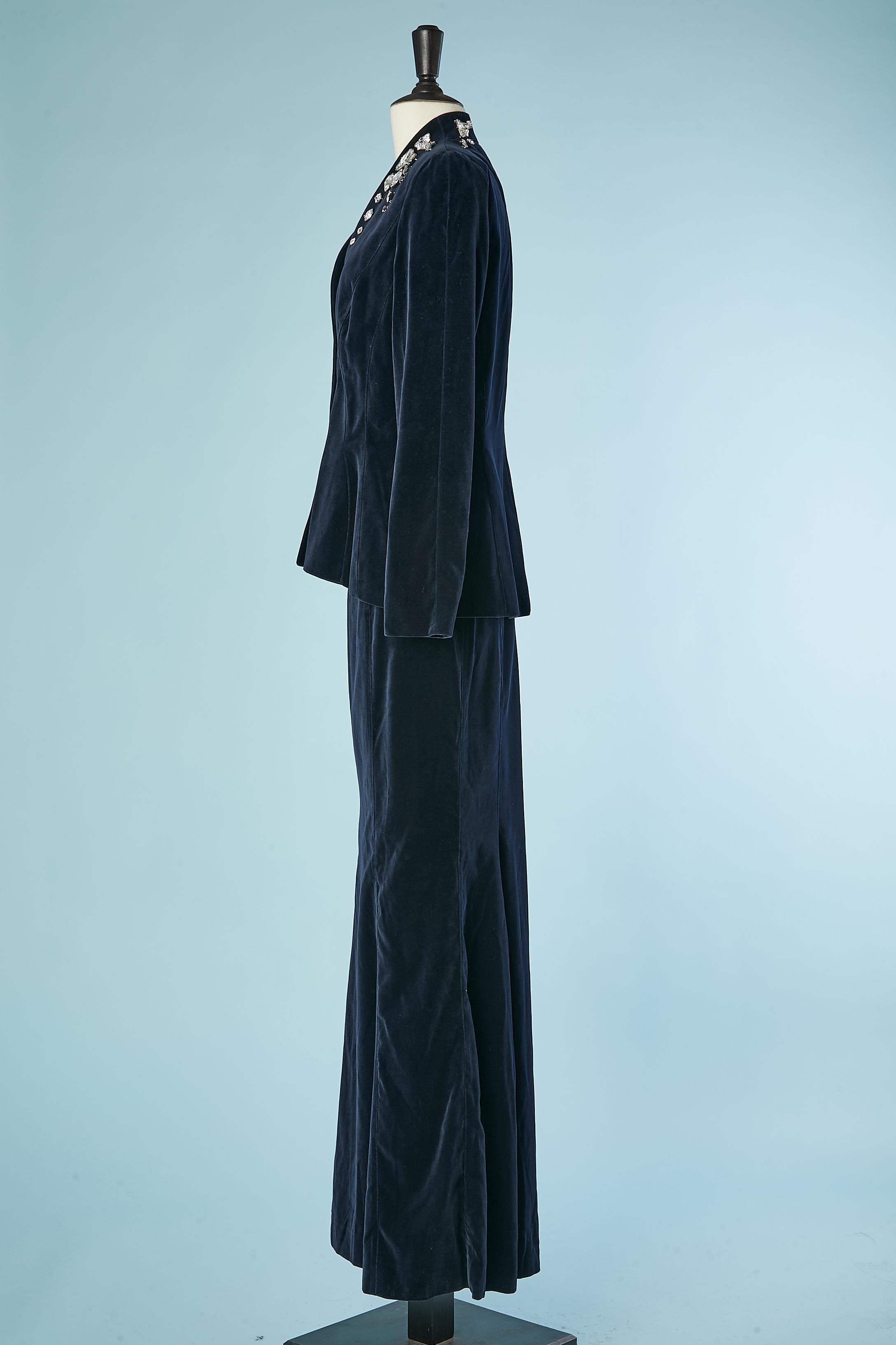 Night blue velvet skirt-suit with rhinestone embellishment Thierry Mugler  For Sale 1