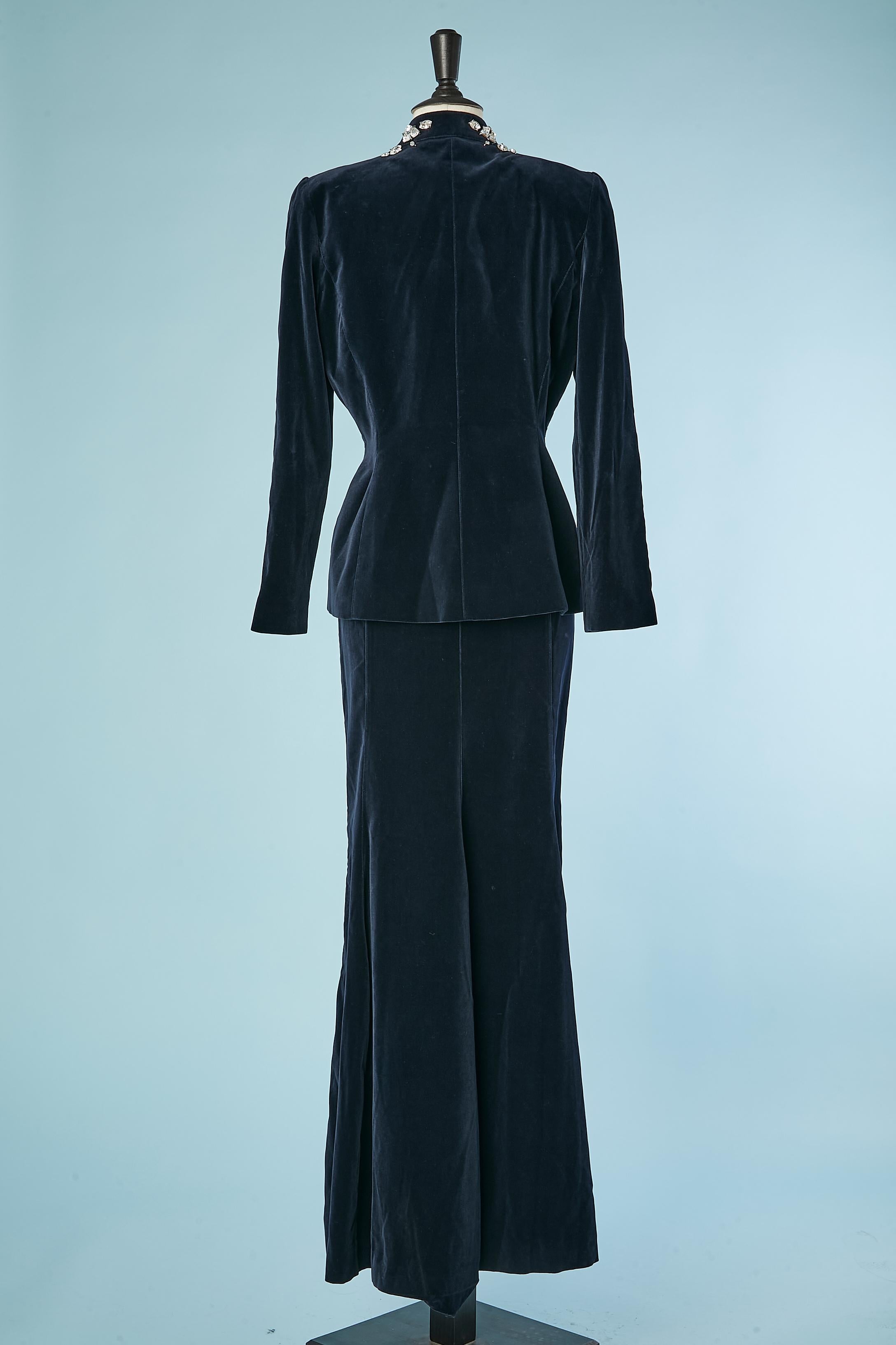 Night blue velvet skirt-suit with rhinestone embellishment Thierry Mugler  For Sale 2