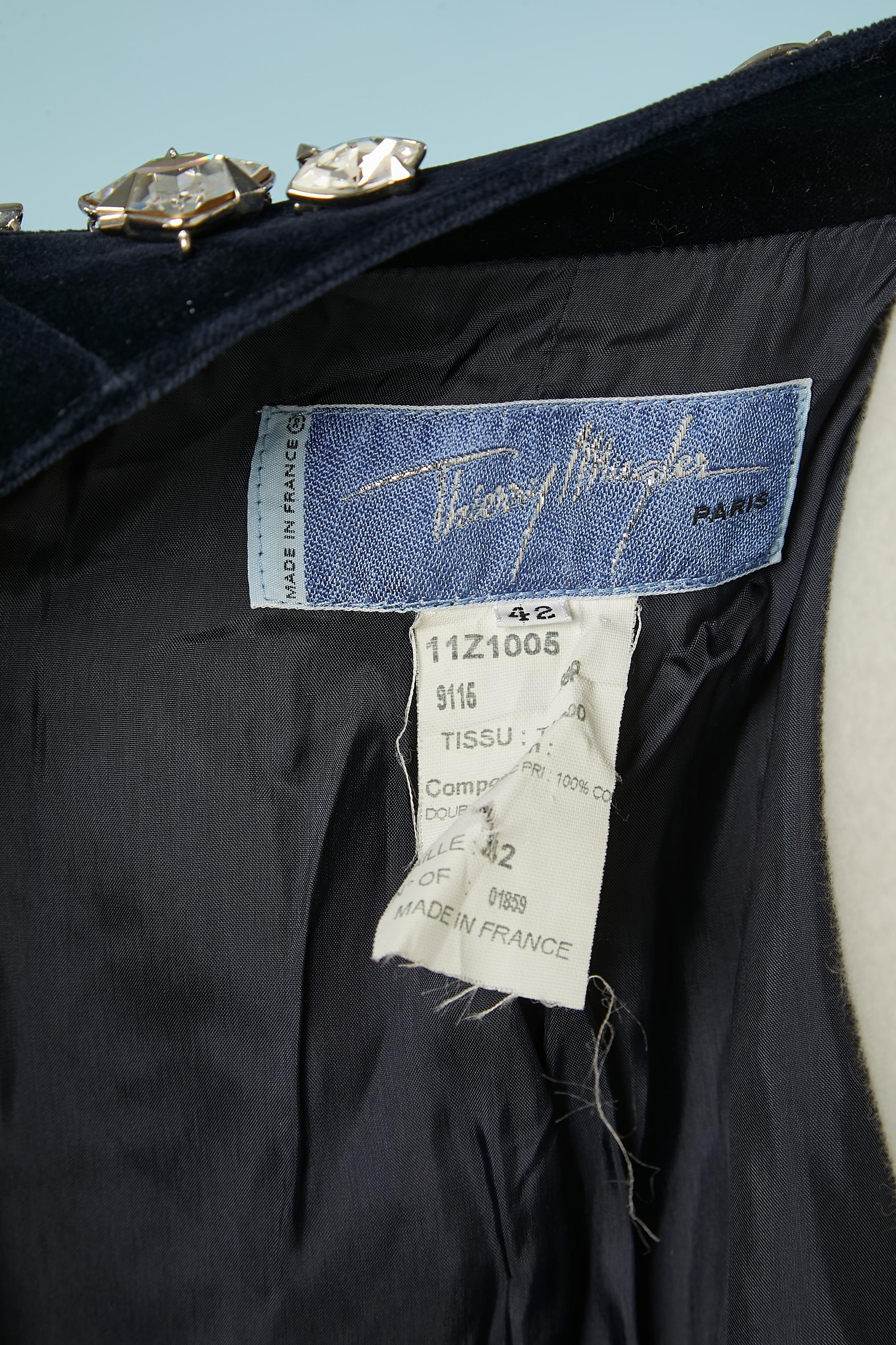 Night blue velvet skirt-suit with rhinestone embellishment Thierry Mugler  For Sale 4
