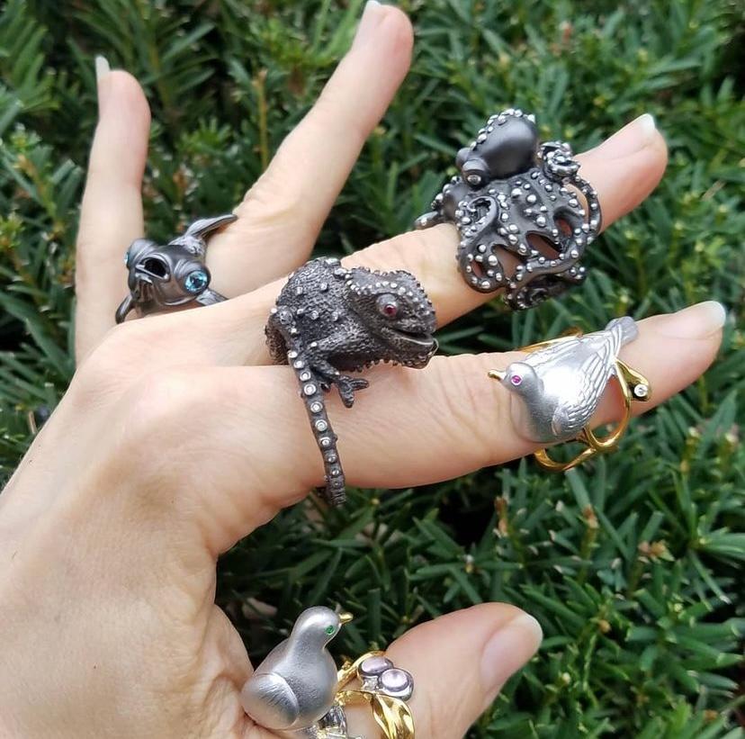 Symbolizing good luck and adaptability, this gorgeous Night Chameleon wraps his tail gently around the wearer's finger.
The entire ring is designed and hand-carved in the round, with every single detail carefully considered and executed.
From his