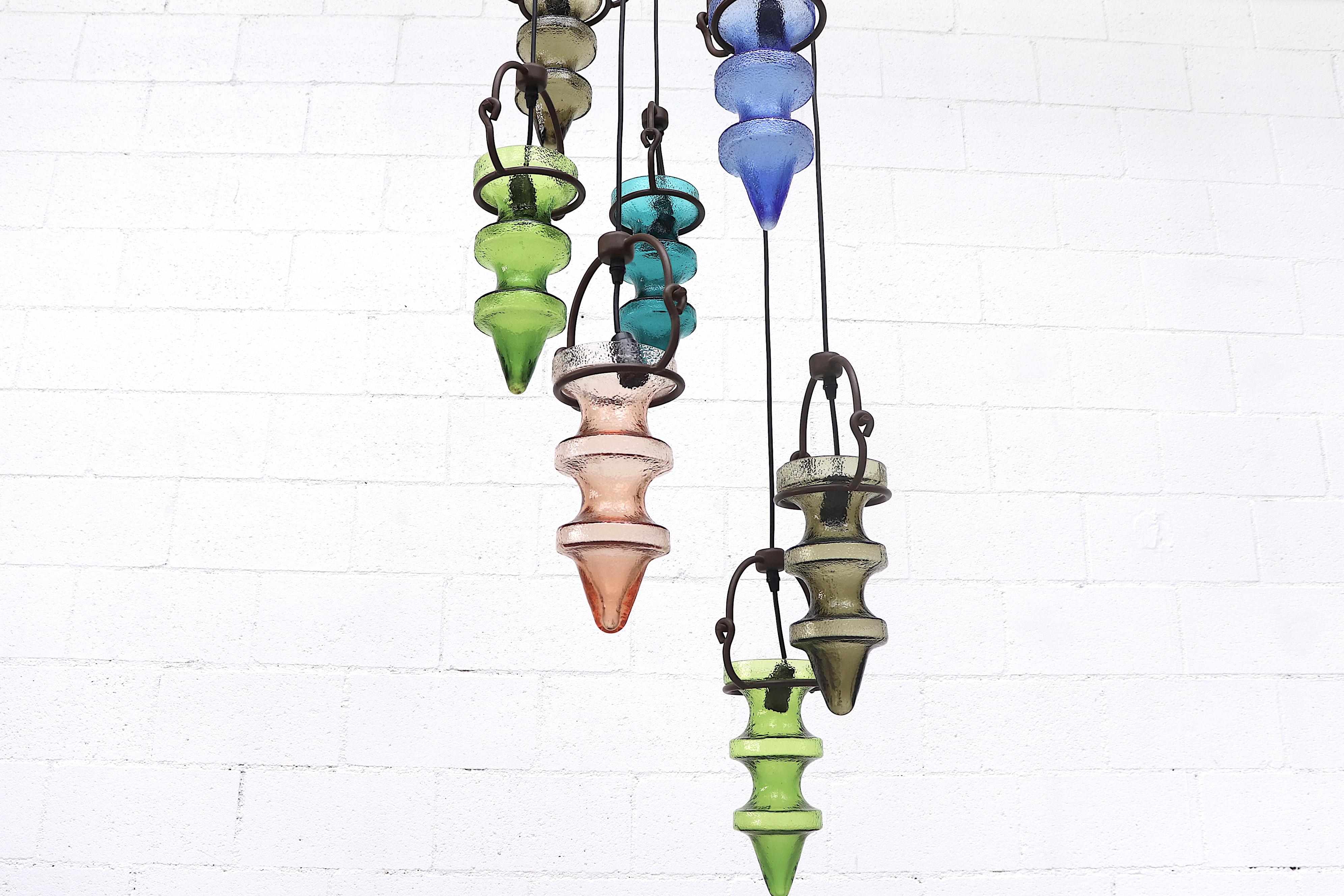 “Night Club” Chandelier by Nanny Still in Multi-Colored Glass and Brown Iron In Good Condition For Sale In Los Angeles, CA