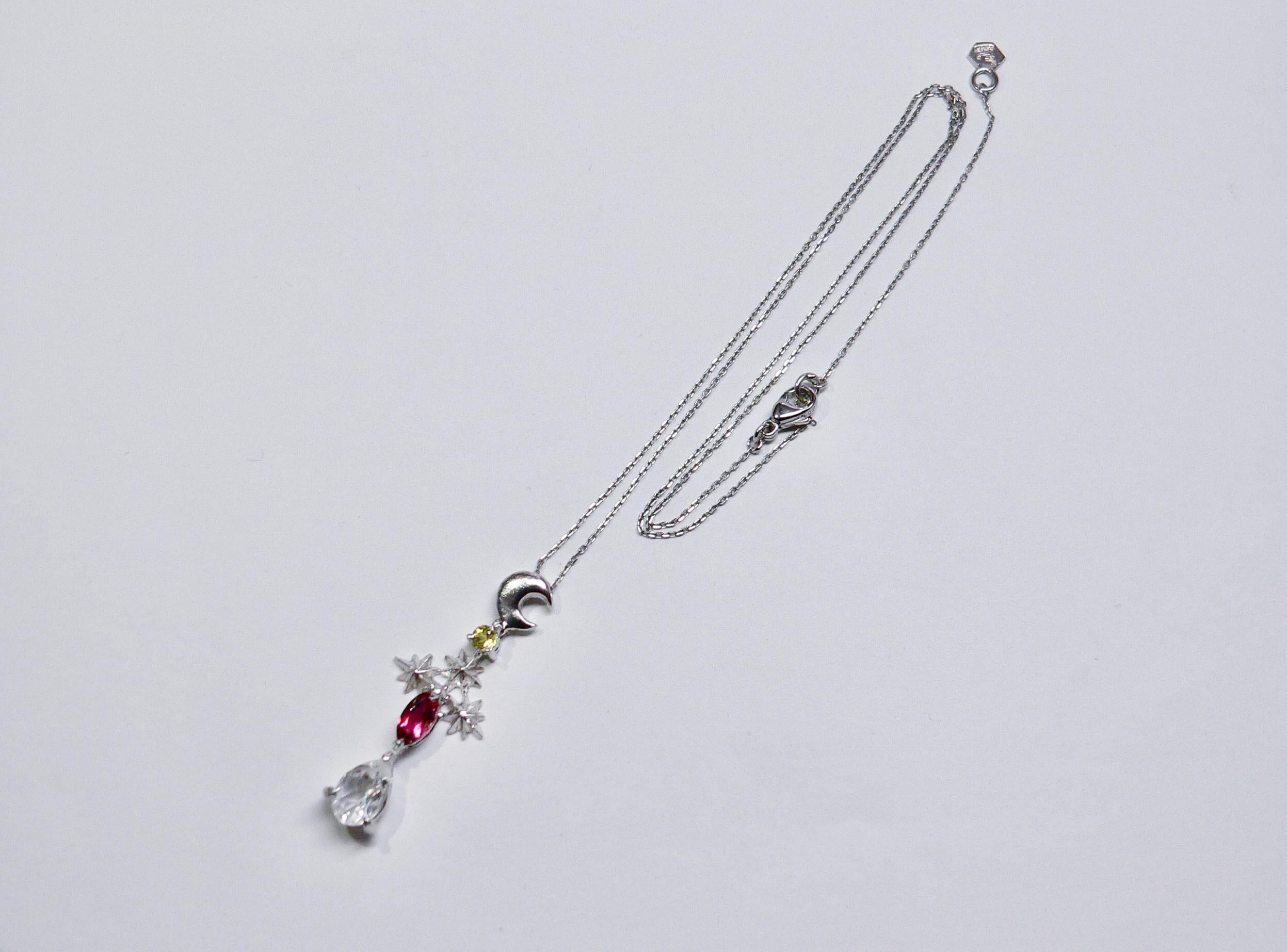Marquise Cut Night Colorful Sky Necklace, Sterling Silver with Tourmaline and Quartz For Sale