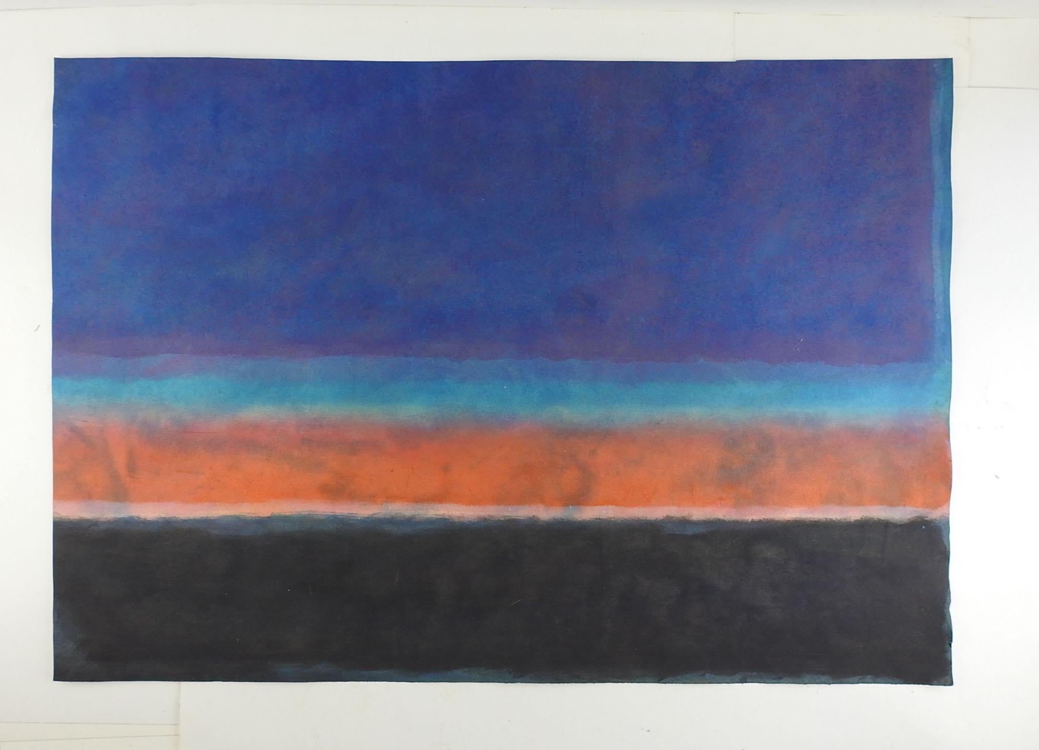Peinture expressionniste abstraite en blocs de couleurs violet, noir, orange et bleu, sur papier épais.  Non signée.  Non encadré.