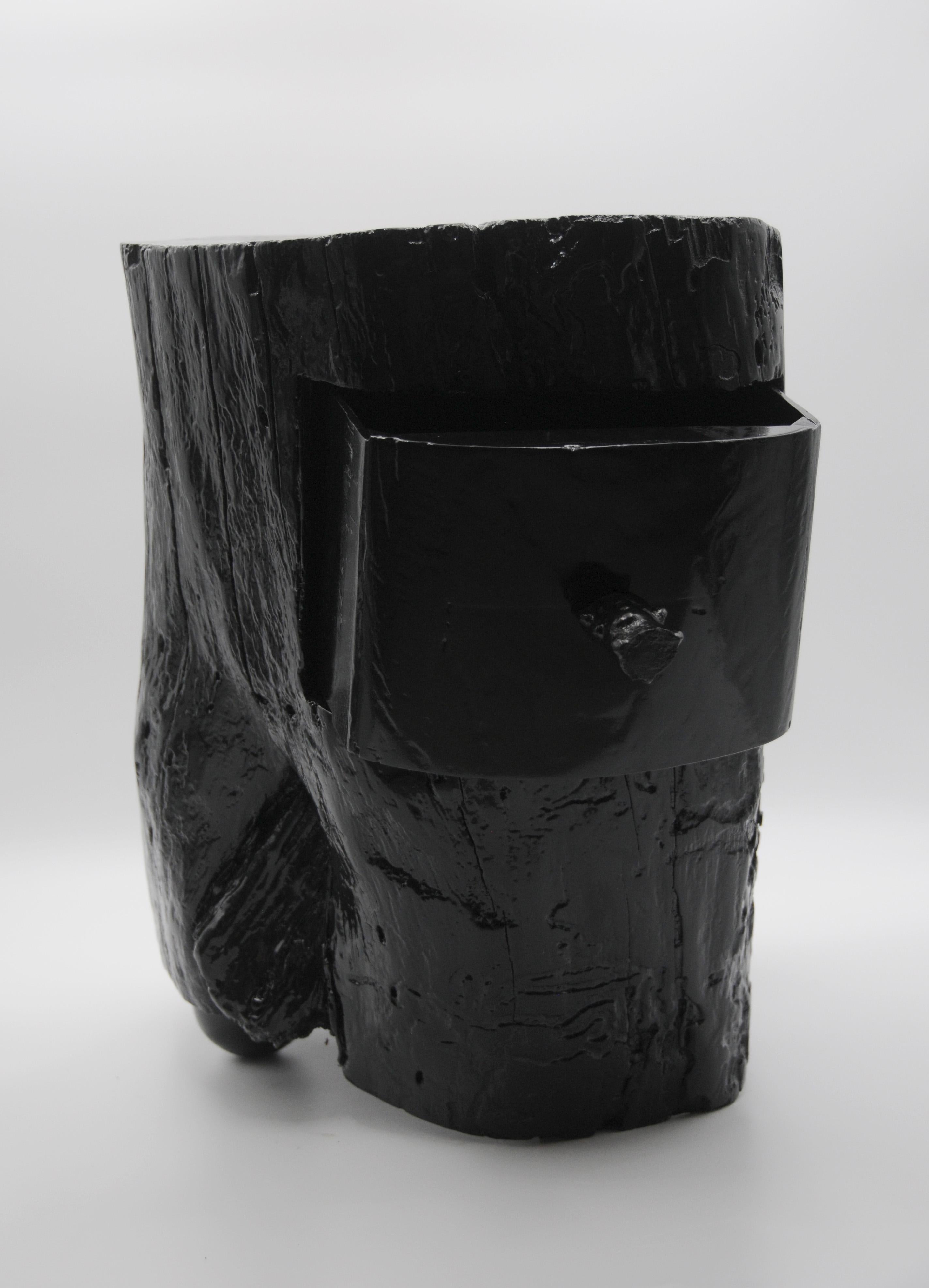 Night Log
Formed from a reclaimed tree trunk, Night Log preserves the natural silhouette of the wood its knots, cracks, and irregular contours that trace the memory of growth. After a long drying process, the trunk is sealed beneath layers of dark