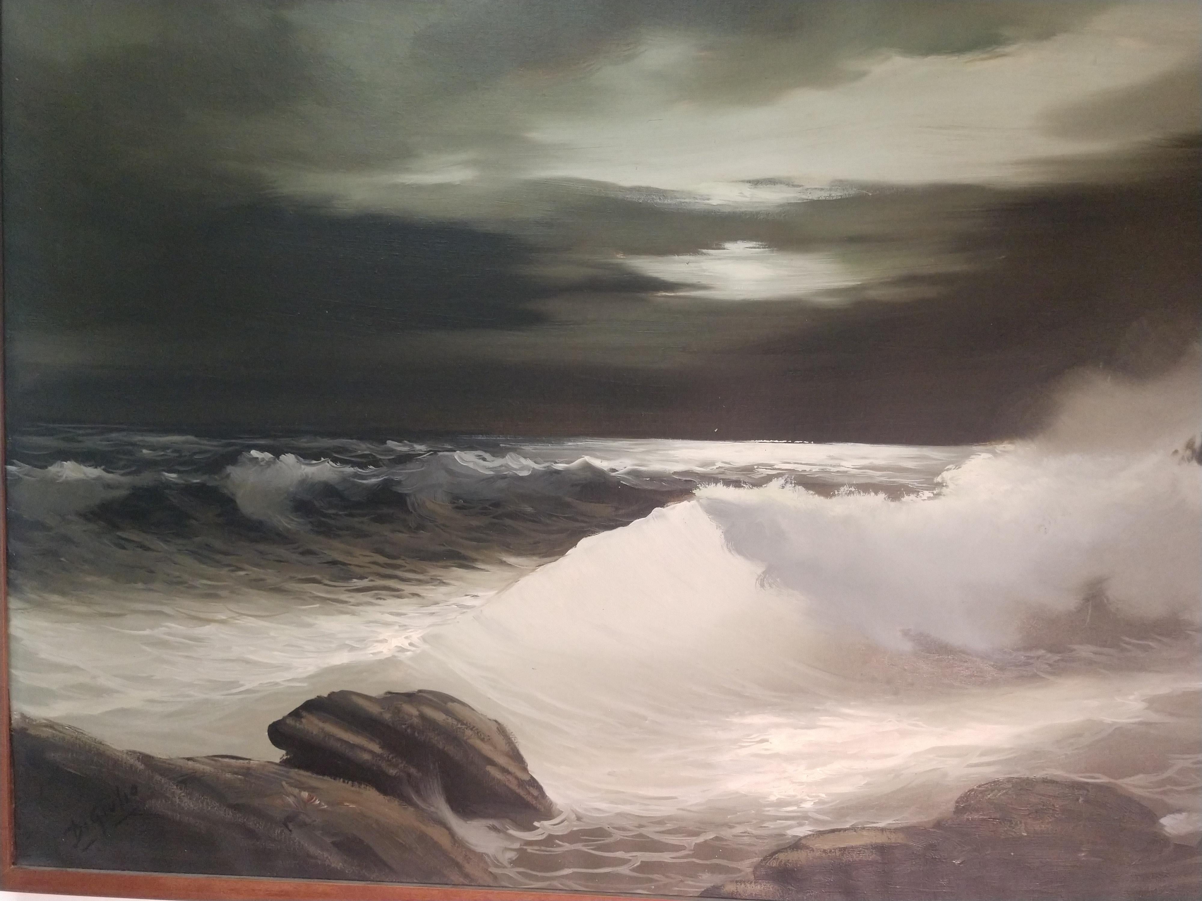 Hand-Painted Night Ocean Scene with Waves Crashing by Artist Bruno Di Giulio For Sale