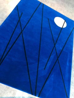 Rug Night Out Blue - Modern Geometric Tufted Wool w/ White Moon & Lines Asian