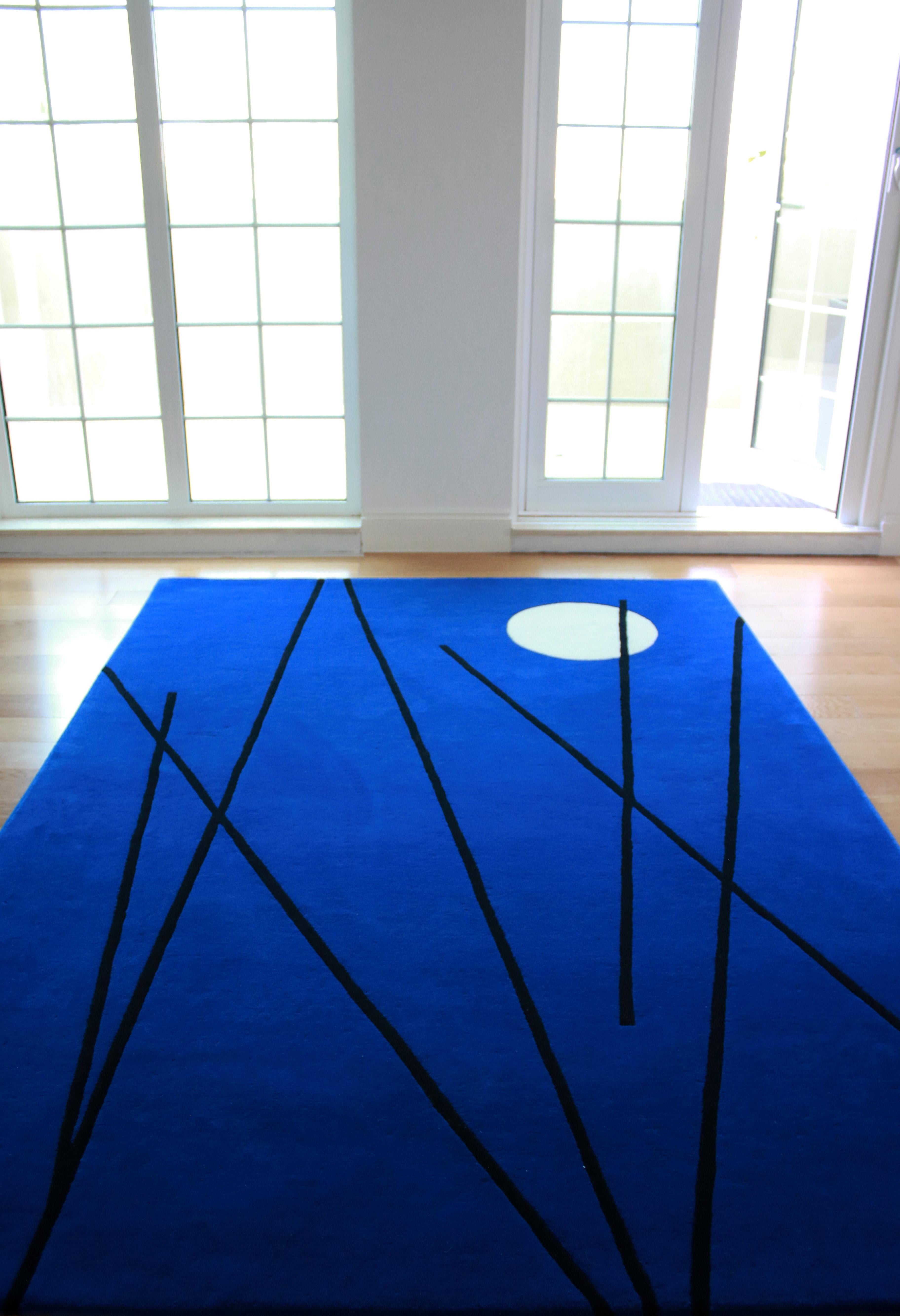Indian  Rug Night Out Blue - Modern Geometric Tufted Wool w/ White Moon & Lines Asian For Sale