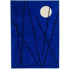 Rug Night Out Blue - Modern Geometric Tufted Wool w/ White Moon & Lines Asian