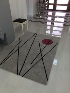 Rug Night Out Red - Modern Geometric Grey Wool with Red Moon and Lines carpet