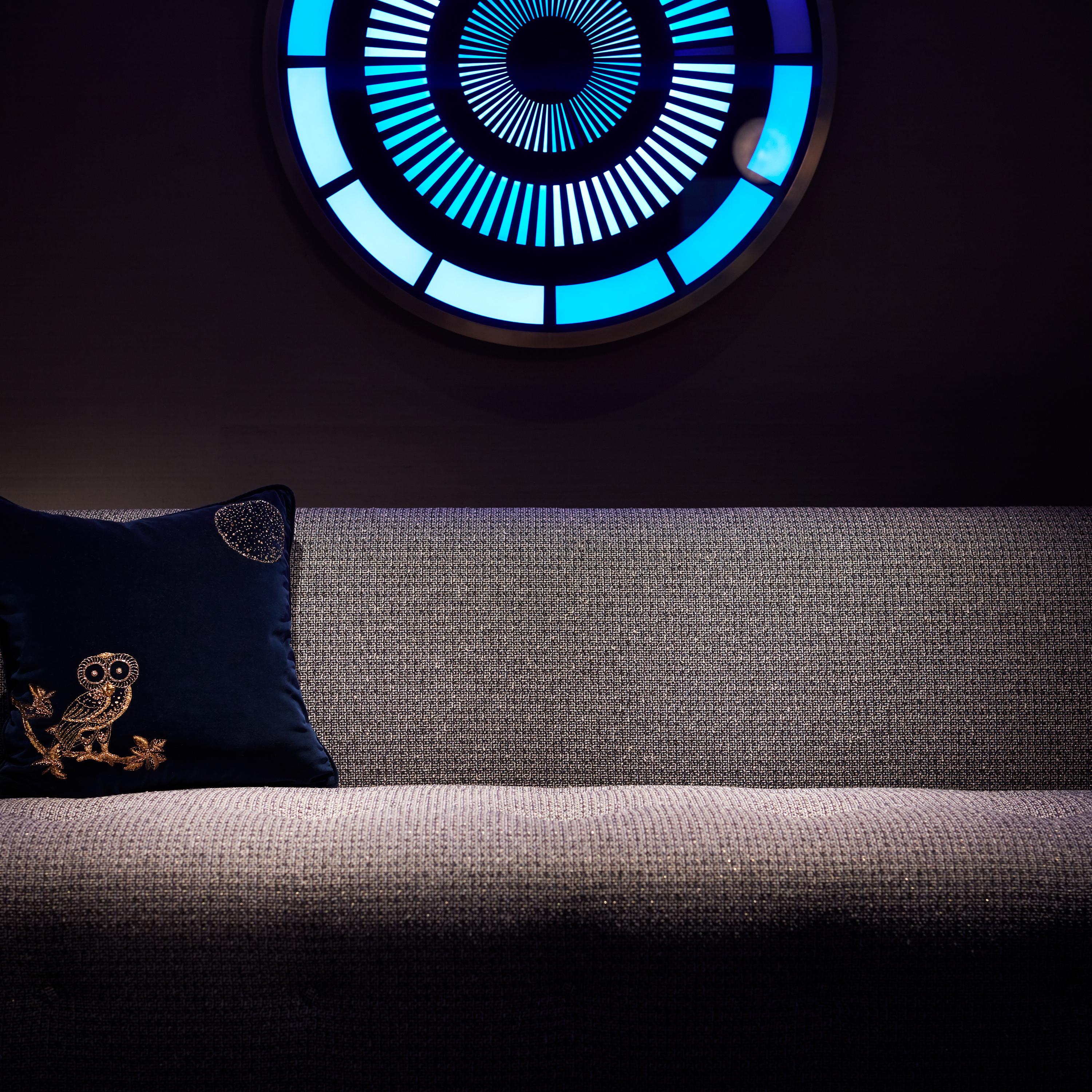 Night Owl, Crystal Embroidered Cushion in Navy Blue Velvet In New Condition For Sale In London, GB