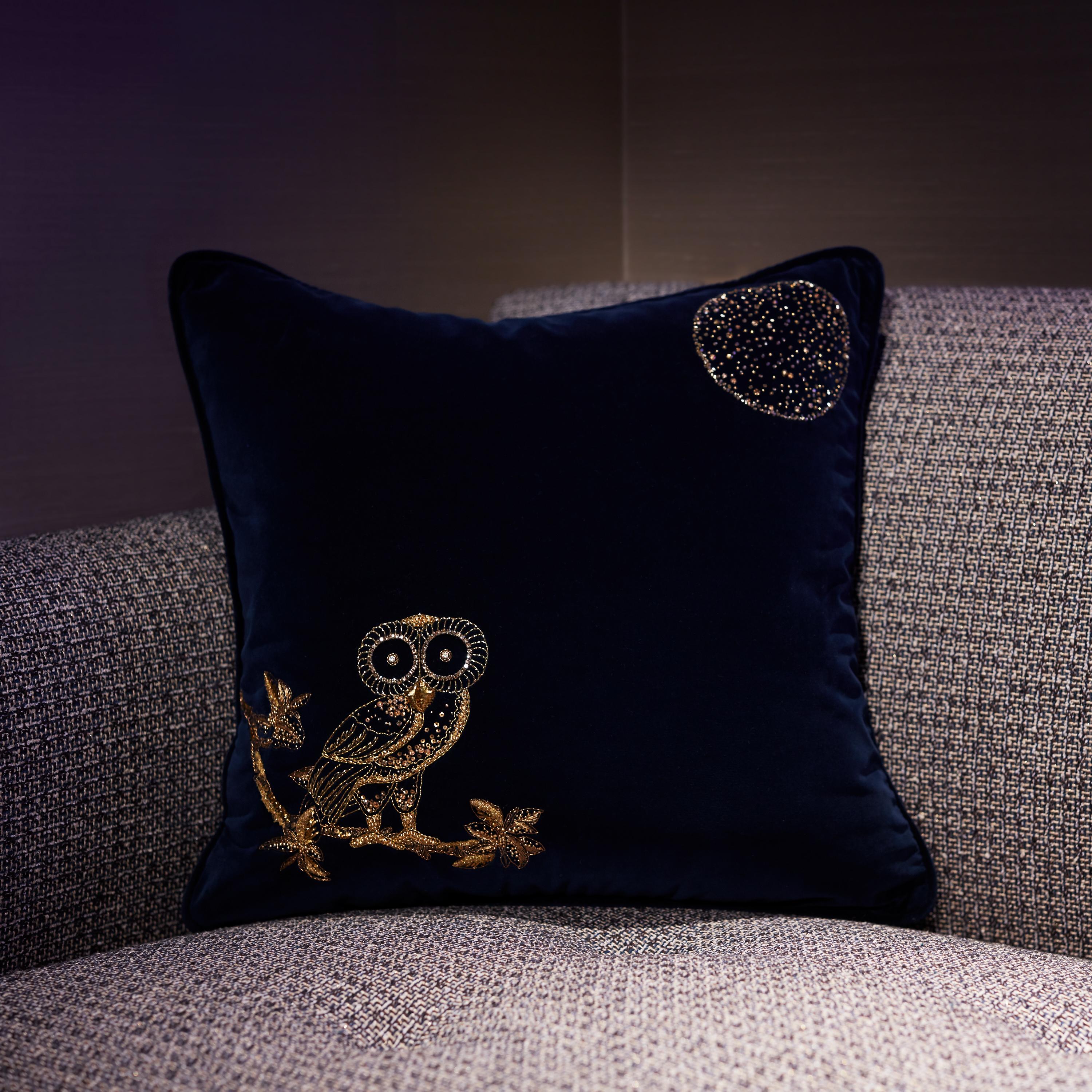 Contemporary Night Owl, Crystal Embroidered Cushion in Navy Blue Velvet For Sale