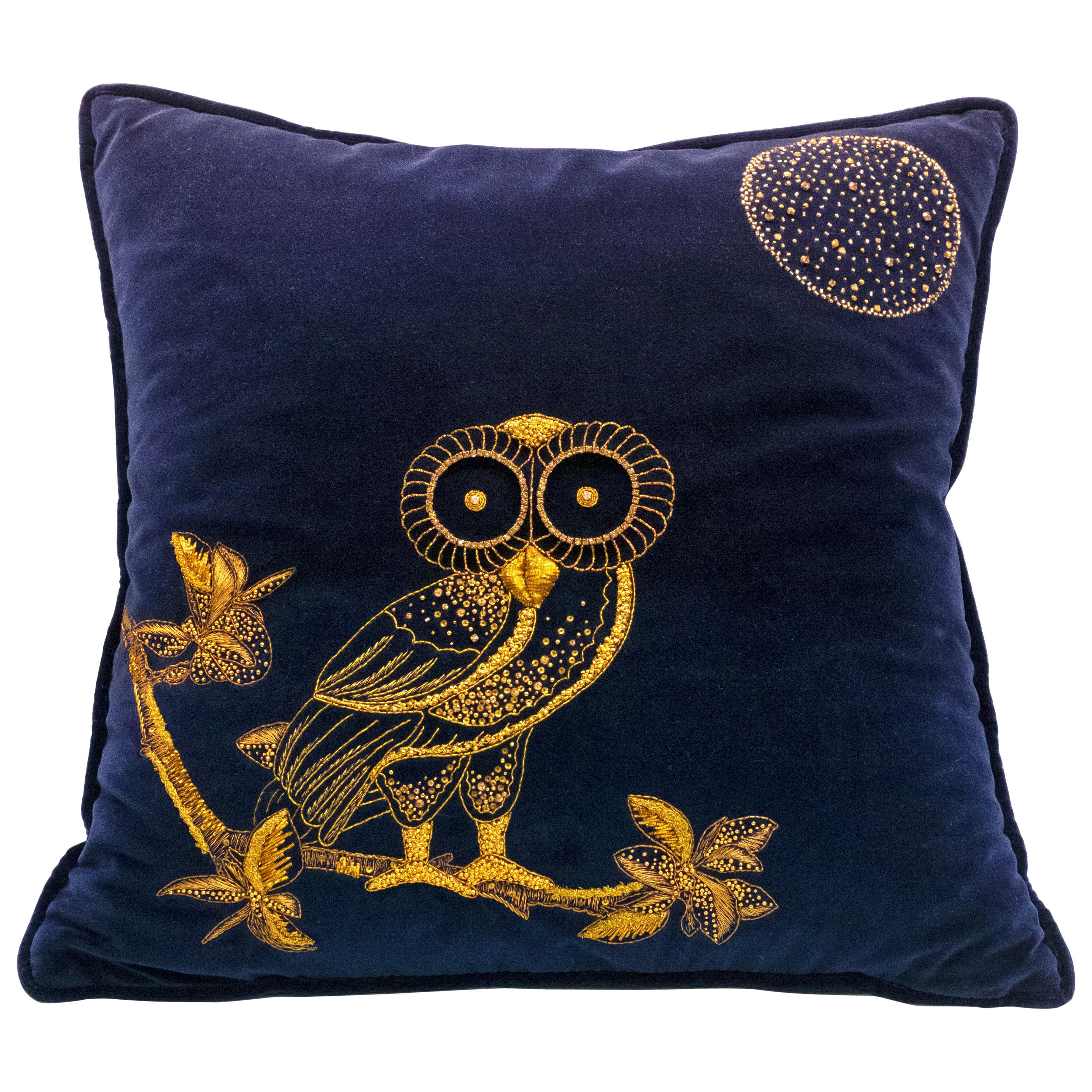 Night Owl, Crystal Embroidered Cushion in Navy Blue Velvet For Sale