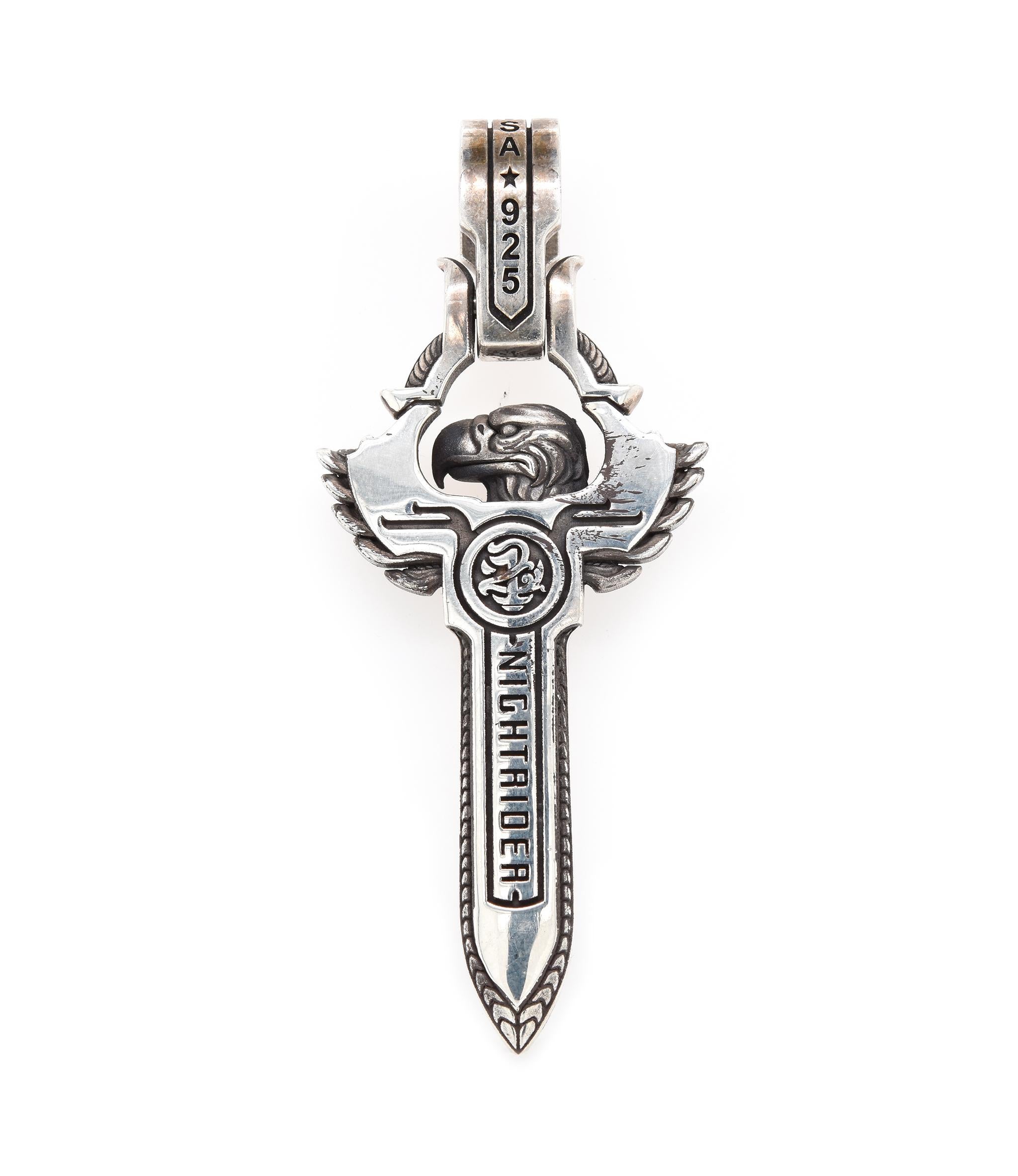 Designer: Night Rider
Material: sterling silver
Weight: 47.96 grams
Dimensions: pendant measures 80.5 X 34.5mm

