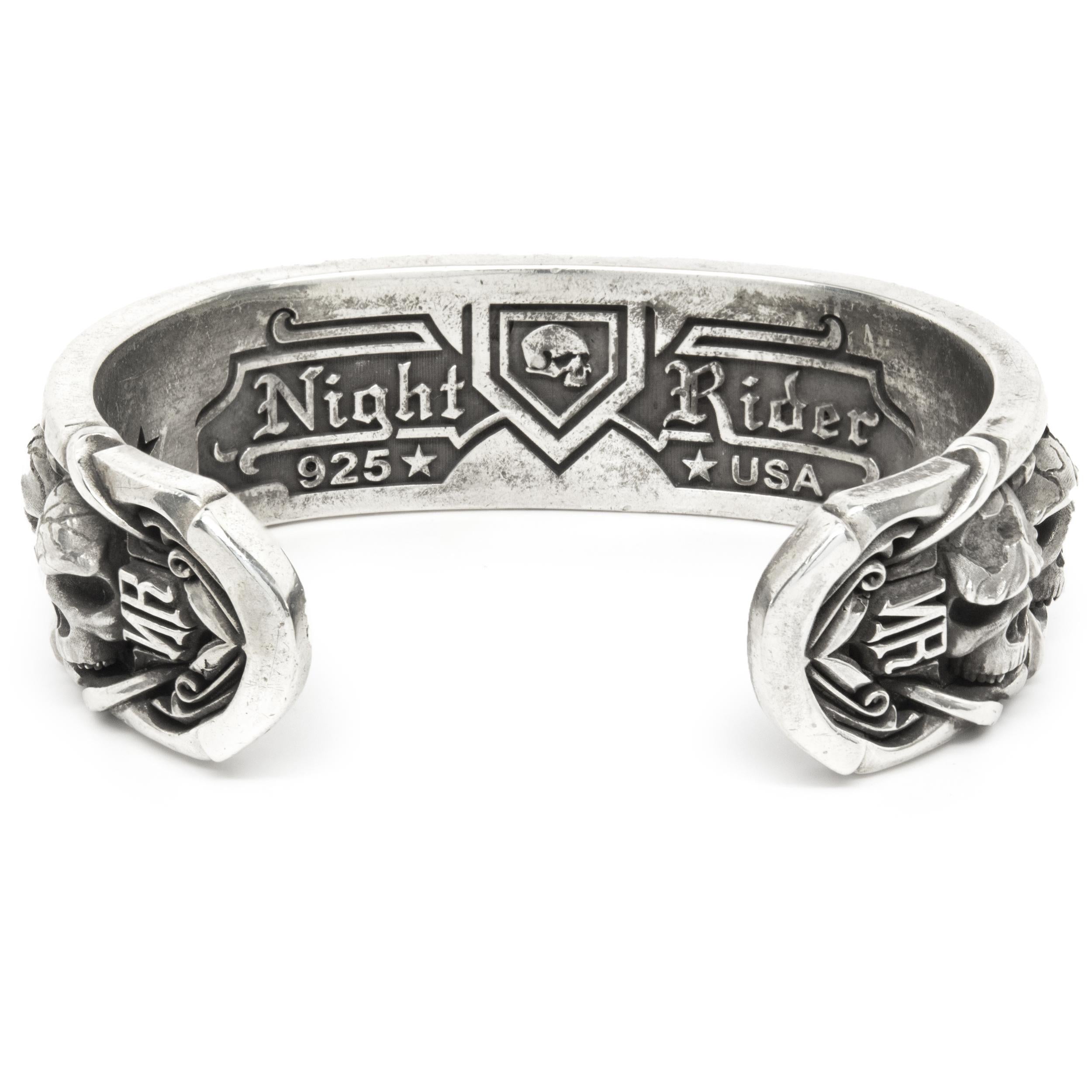 Designer: Night Rider
Material: sterling silver
Weight: 137.11 grams
Dimensions: bracelet measures 22mm wide, fits up to an 8-inch wrist
