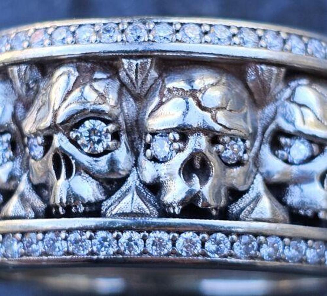 Possibly 1-of-a-kind Custom Night Rider USA 14k Diamond Skull Ring Eternity Band. Crafted with the finest quality white gold, this ring is perfect for men who want to add a touch of elegance to their accessory collection. The ring is size 13 and