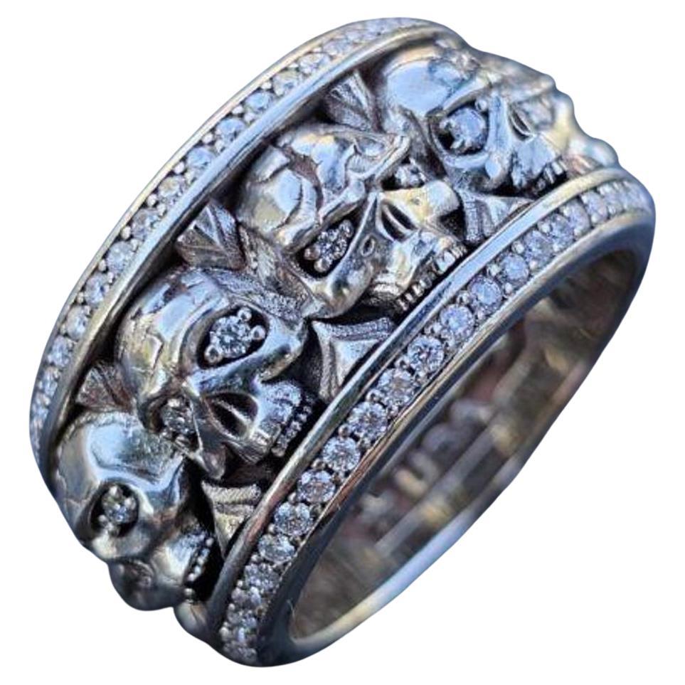 Night Rider USA 14k Diamond Skull Ring Eternity Band Mens 14k White Gold Sz 13 For Sale