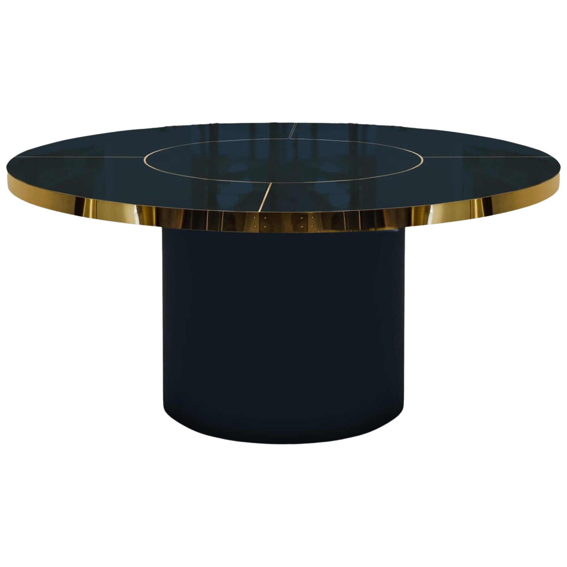 Night Sea, Tavolo rotondo blu navy in laminato lucido e intarsio d'ottone XXL