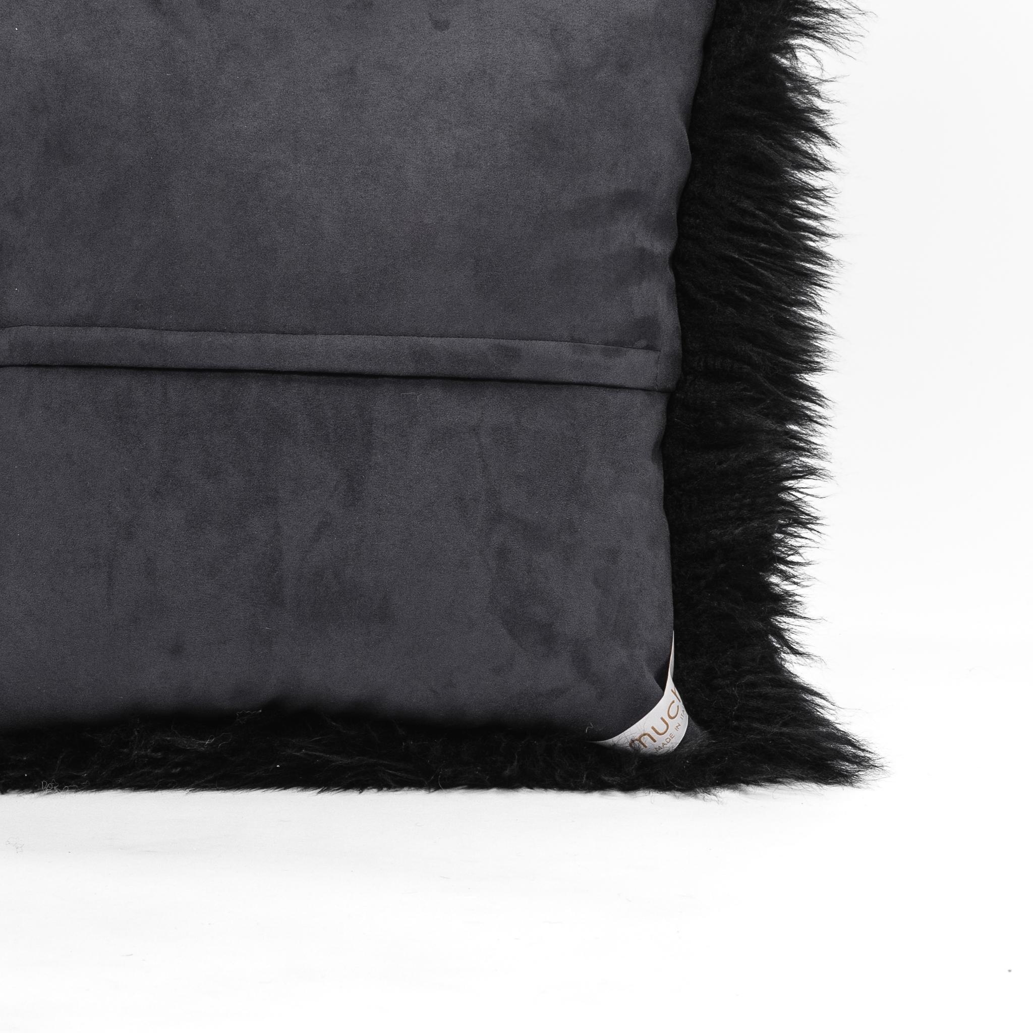 Italian Shearling Sheepskin Black Cushion by Muchi Decor, Made in Italy For Sale