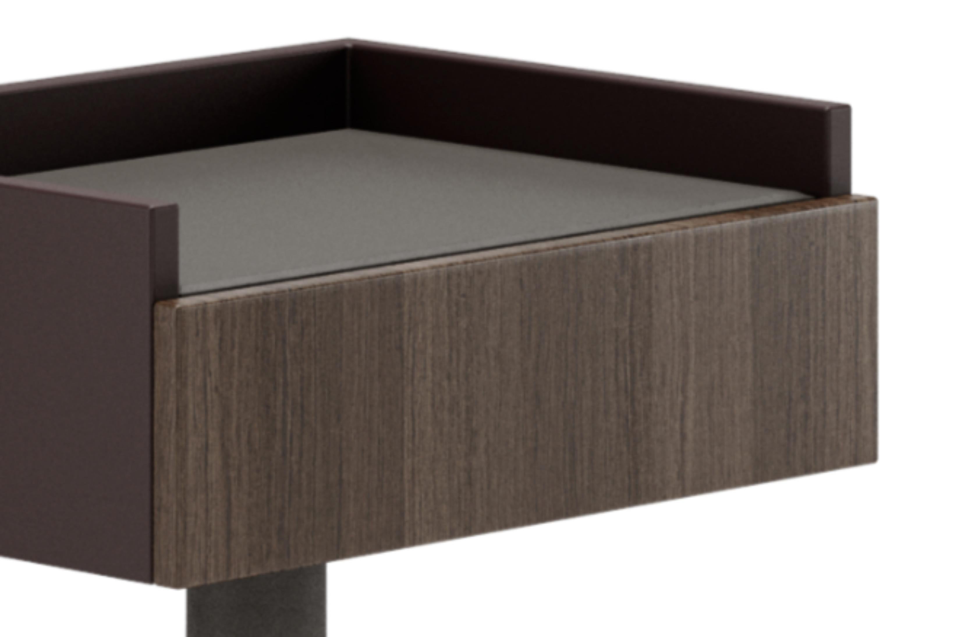 Modern Nightstand Lacquered case, Leather and Metal leg, Veneered Drawer Leather top For Sale