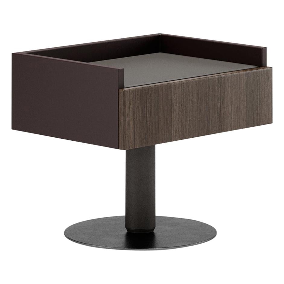 Nightstand Lacquered case, Leather and Metal leg, Veneered Drawer Leather top For Sale