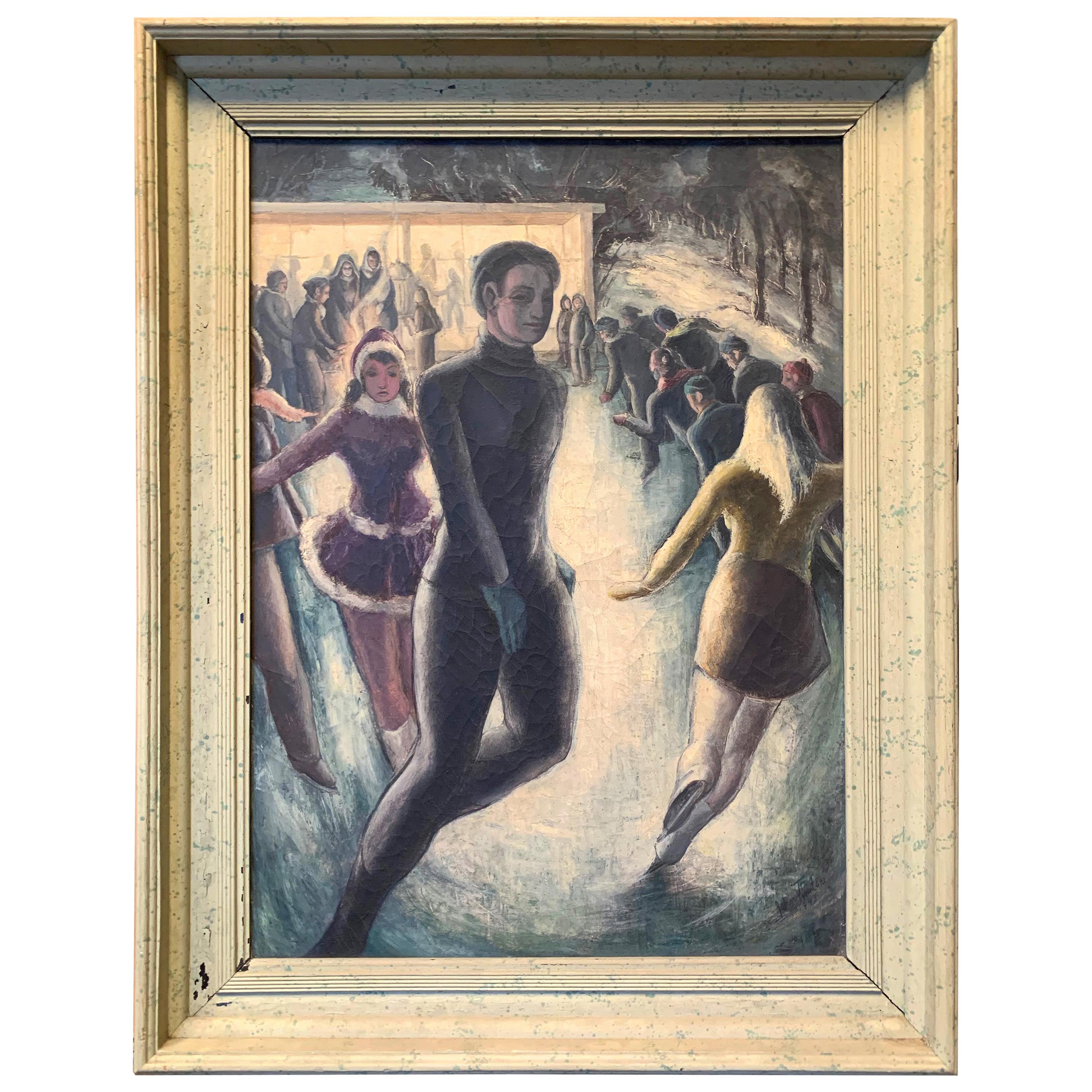 "Night Skaters, " Vivid Genre Painting of Ice Skating in 1940s Chicago For Sale