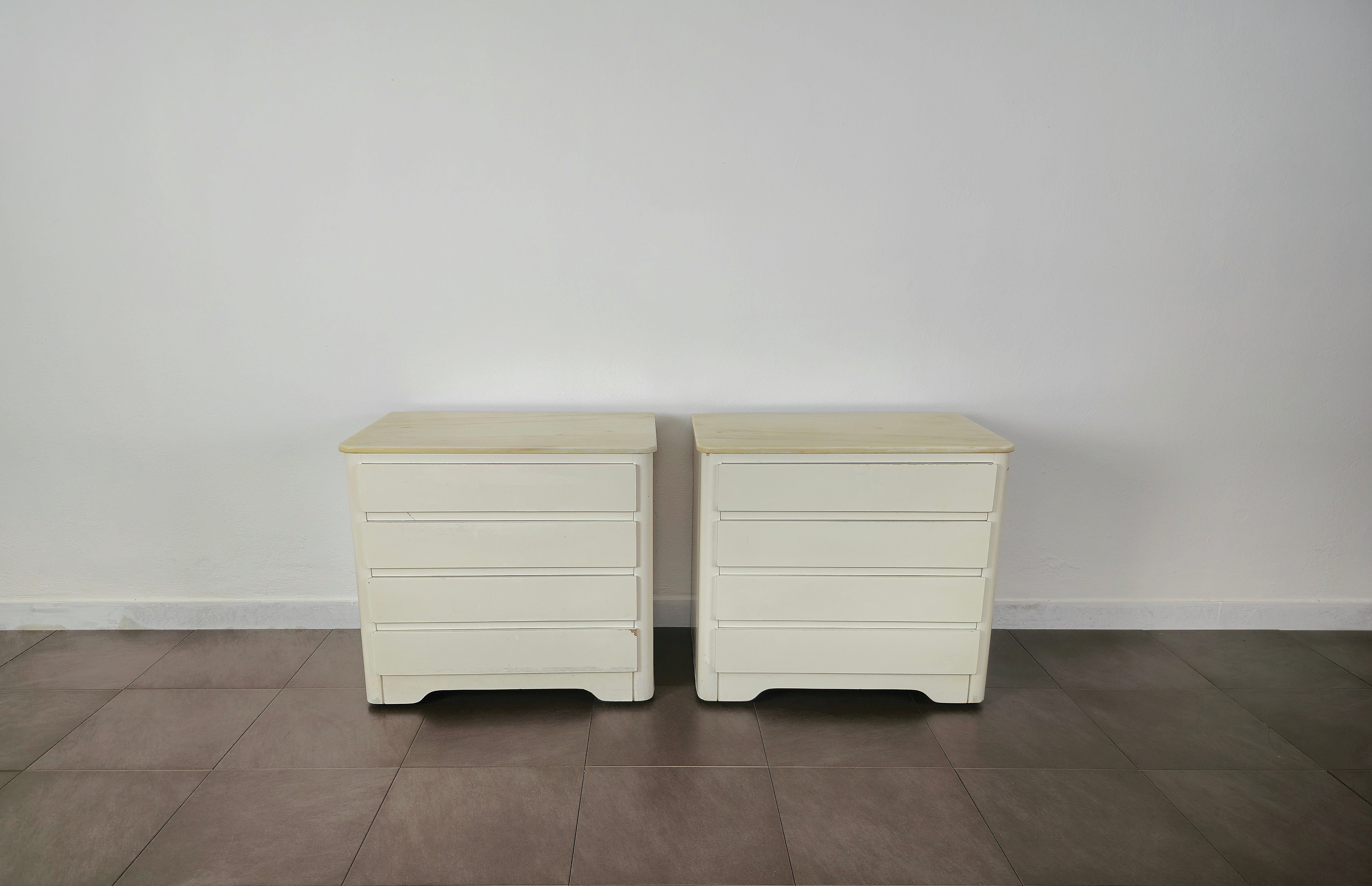 Mid-Century Modern Night Stands Enamelled Wood Marble Midcentury Italian Design 1970s Set of 2 For Sale