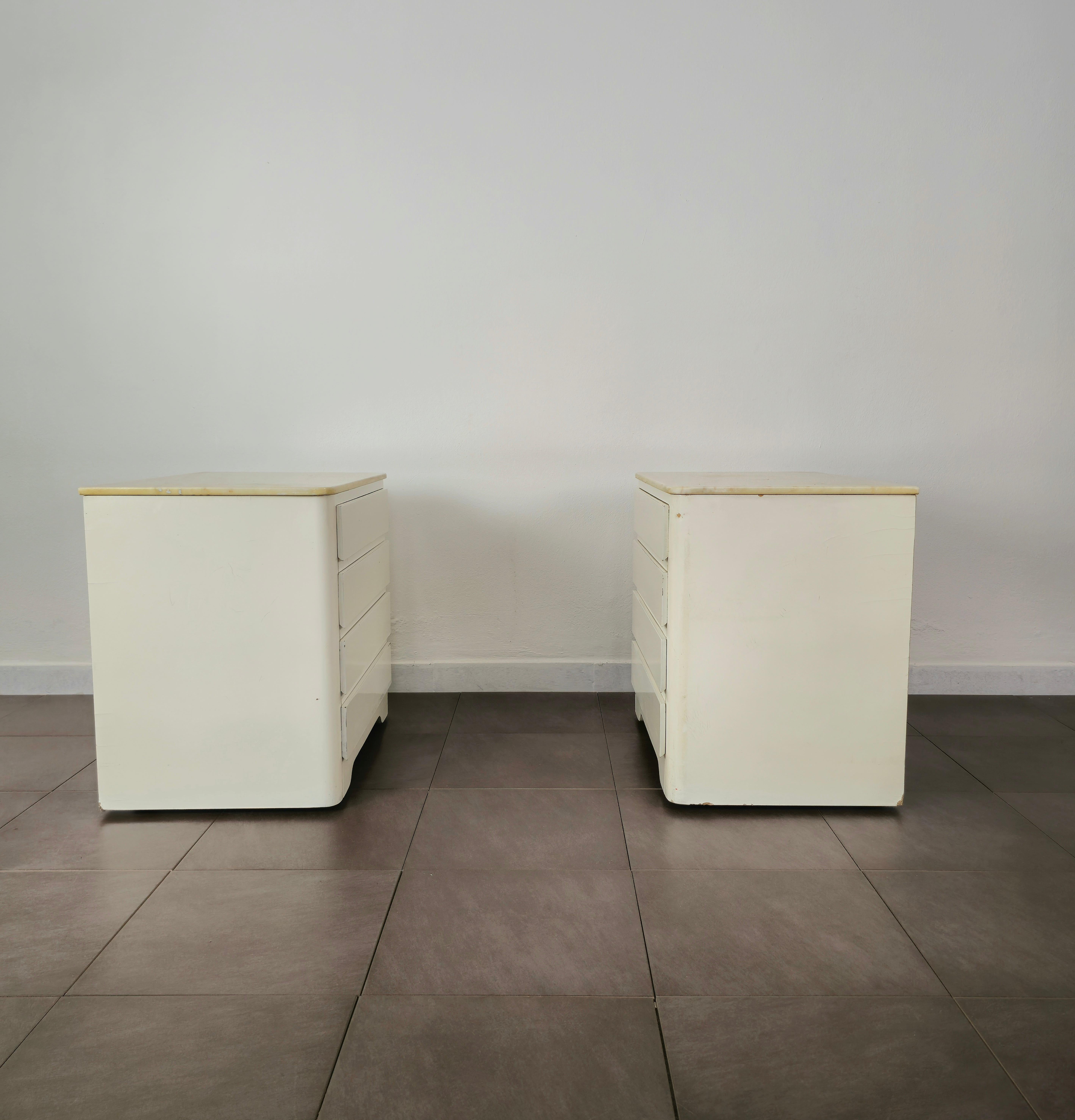 20th Century Night Stands Enamelled Wood Marble Midcentury Italian Design 1970s Set of 2 For Sale